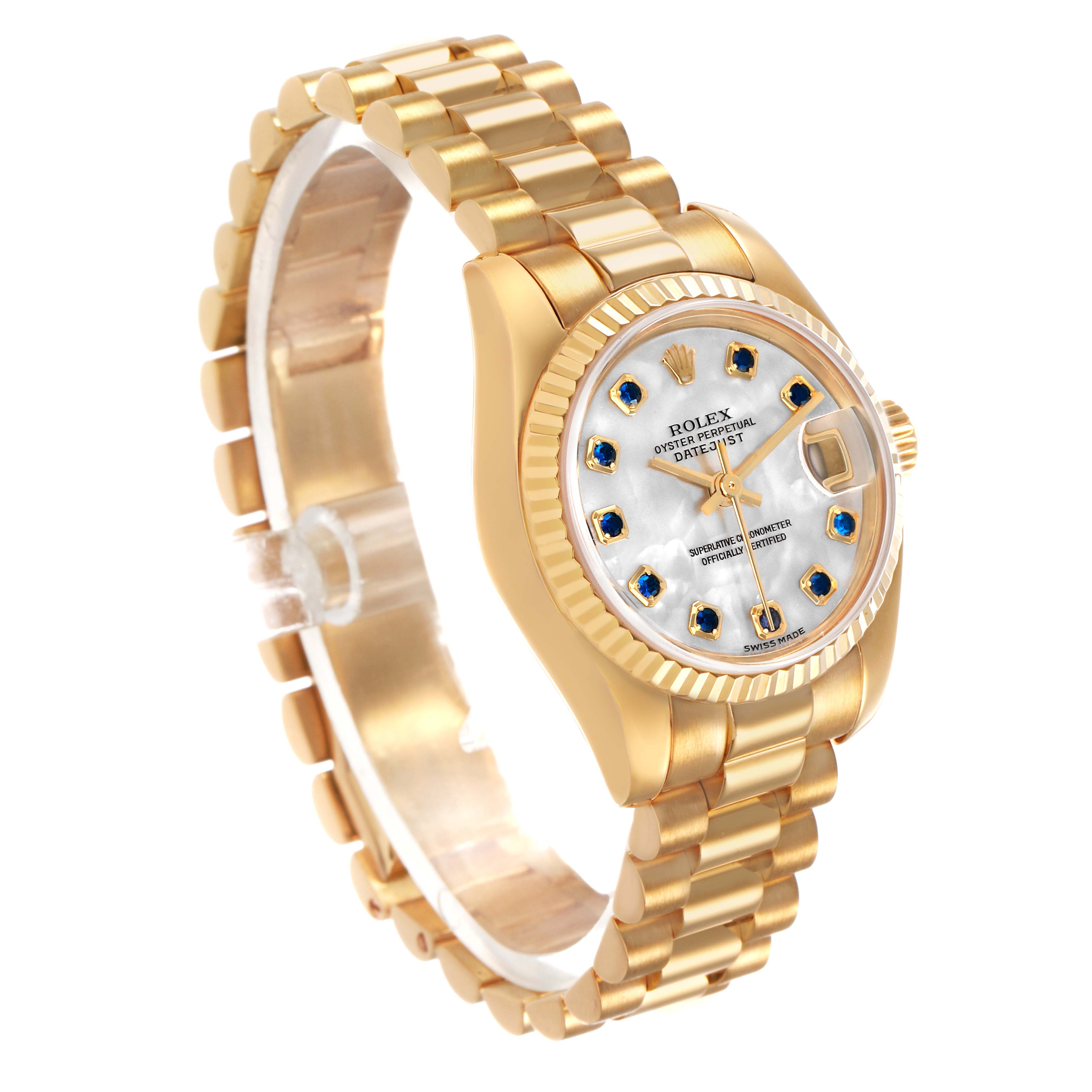 The Rolex President 179178 Men's Yellow Gold Mother of Pearl Dial model watch is shown at an angled side view, highlighting its gold case, bezel, dial, and bracelet.
