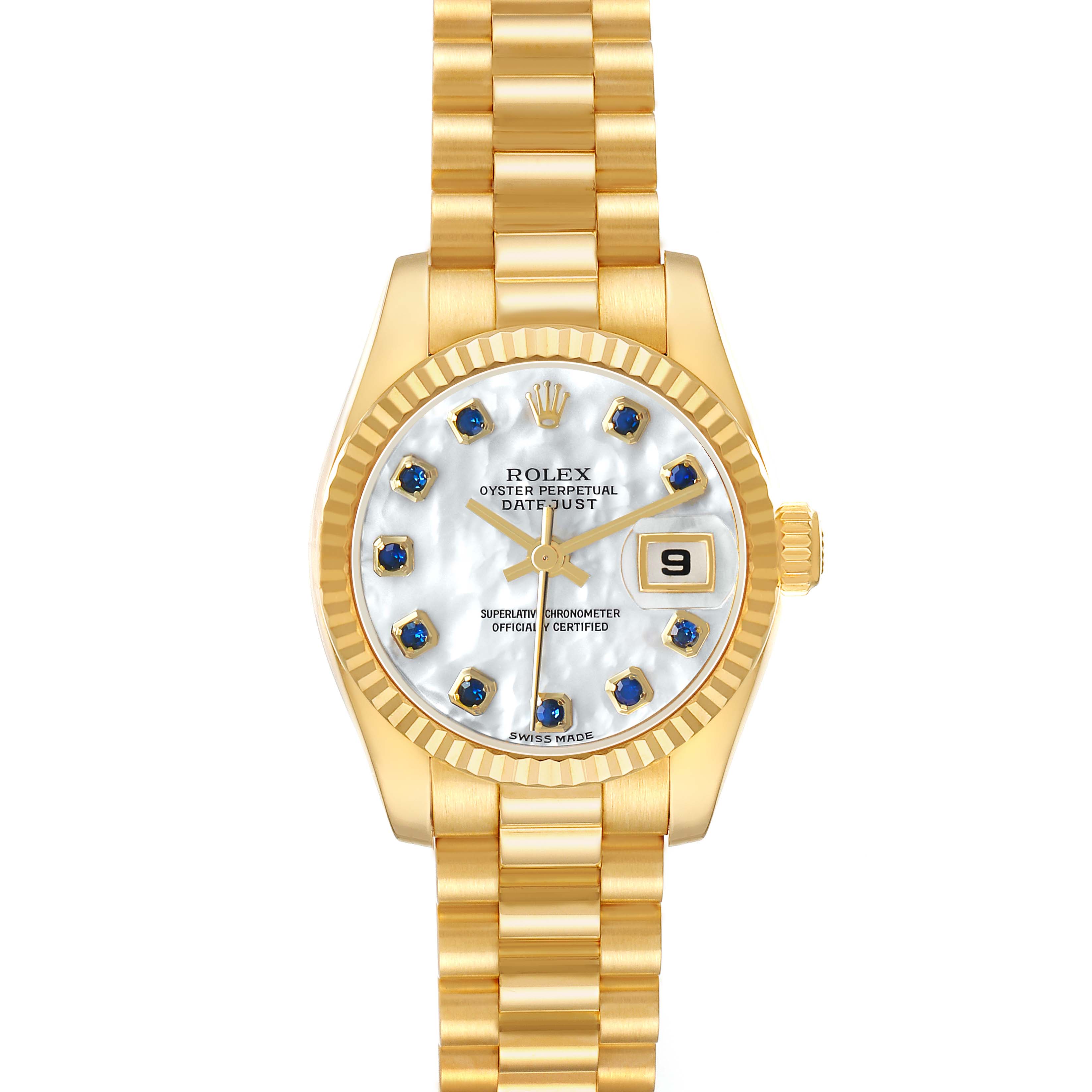 The Rolex President 179178 Men's Yellow Gold Mother of Pearl Dial model is shown from a front angle, highlighting the dial, date function, and bracelet.