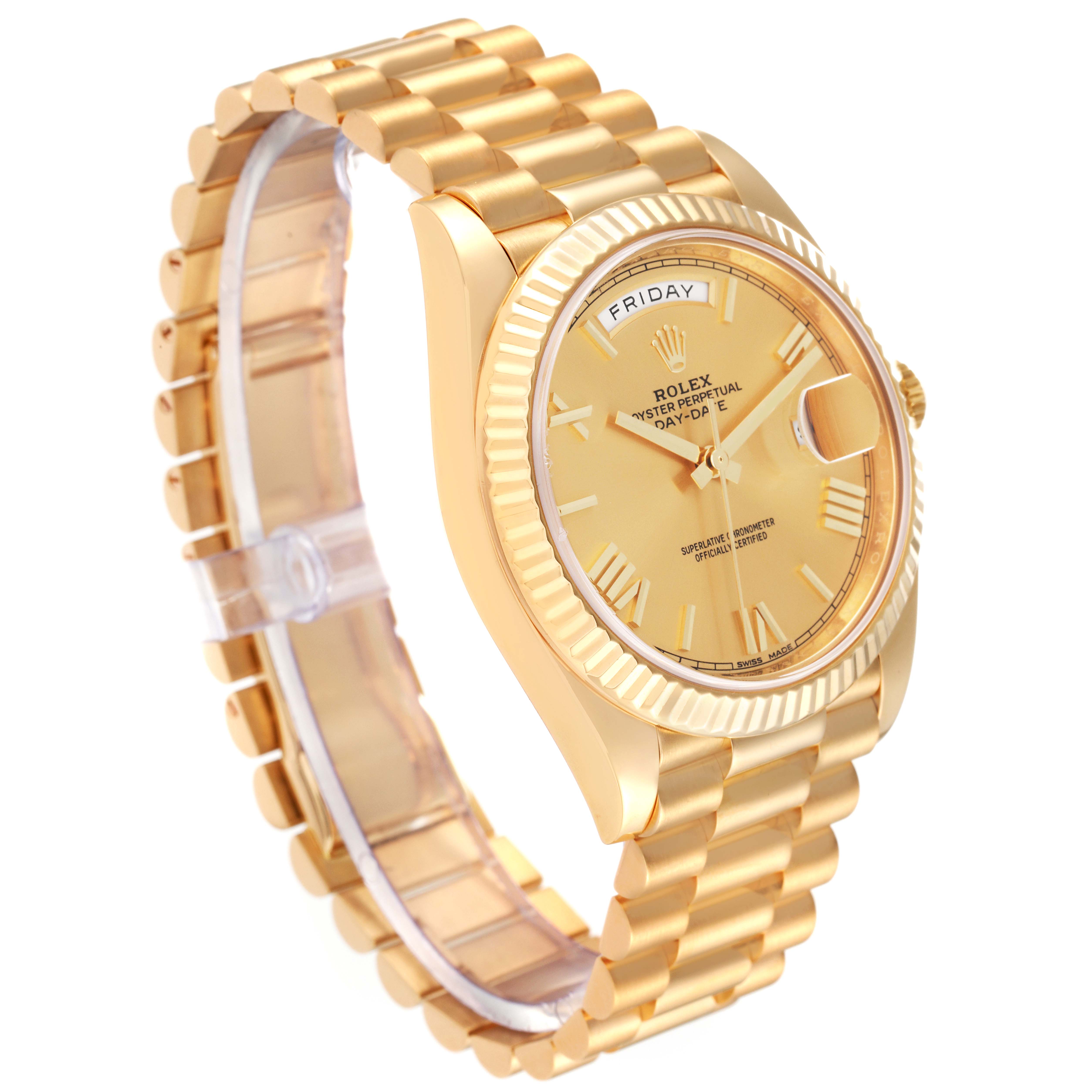 This Rolex President 228238 Men
s Yellow Gold Champagne Dial 228238 Men
s Yellow Gold Champagne Dial model watch is shown at an angled view, displaying its gold bracelet, dial, and bezel.