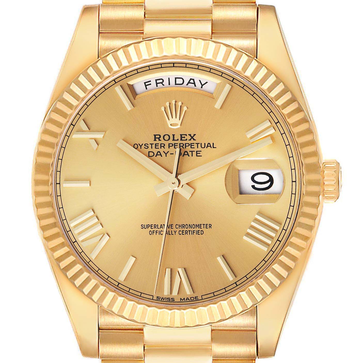 This image shows a frontal view of a Rolex President 228238 Men
s Yellow Gold Champagne Dial 228238 Men
s Yellow Gold Champagne Dial Day-Date watch in gold with day and date windows.