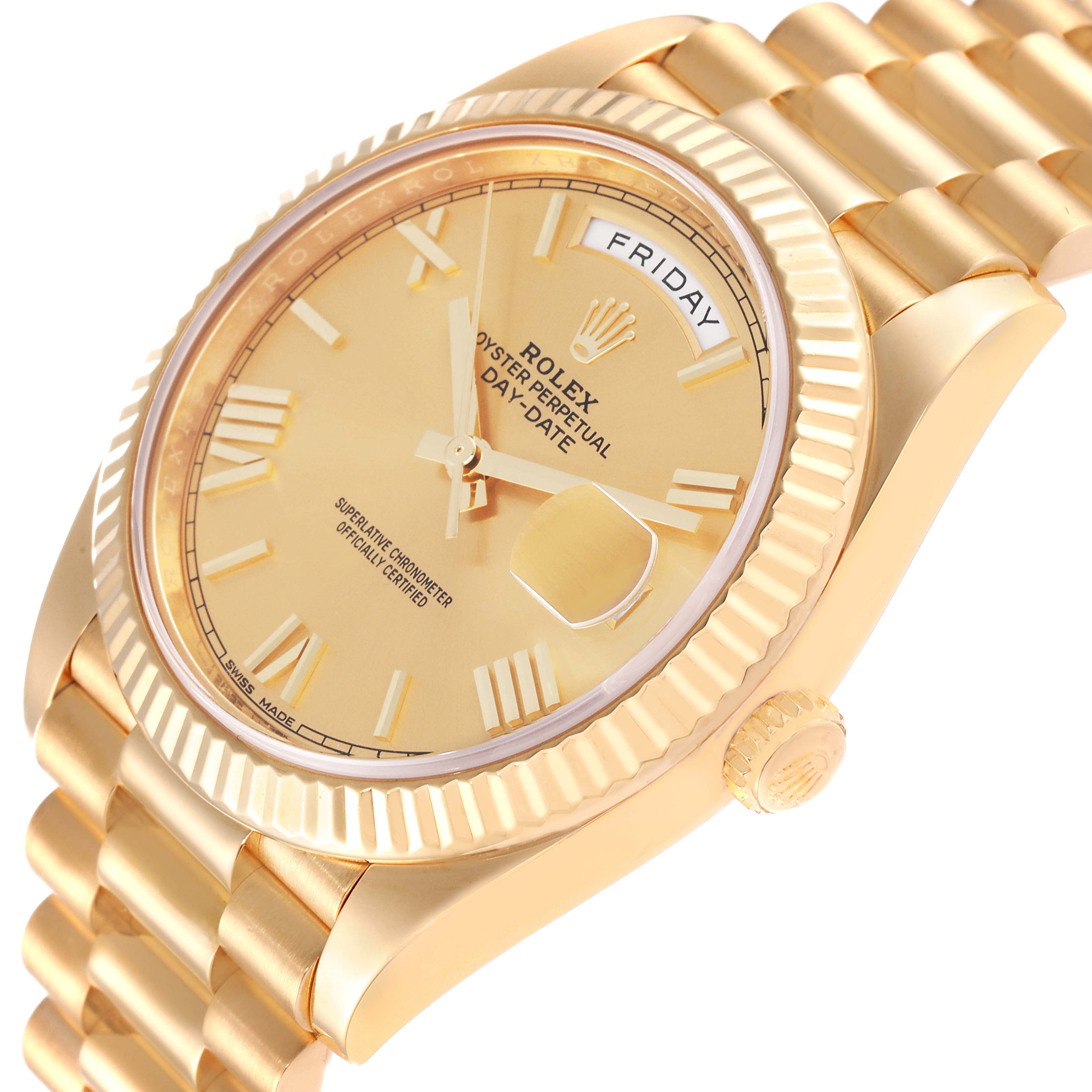This image shows a close-up, angled view of the Rolex President 228238 Men
s Yellow Gold Champagne Dial 228238 Men
s Yellow Gold Champagne Dial model, highlighting its gold dial, bracelet, and fluted bezel.
