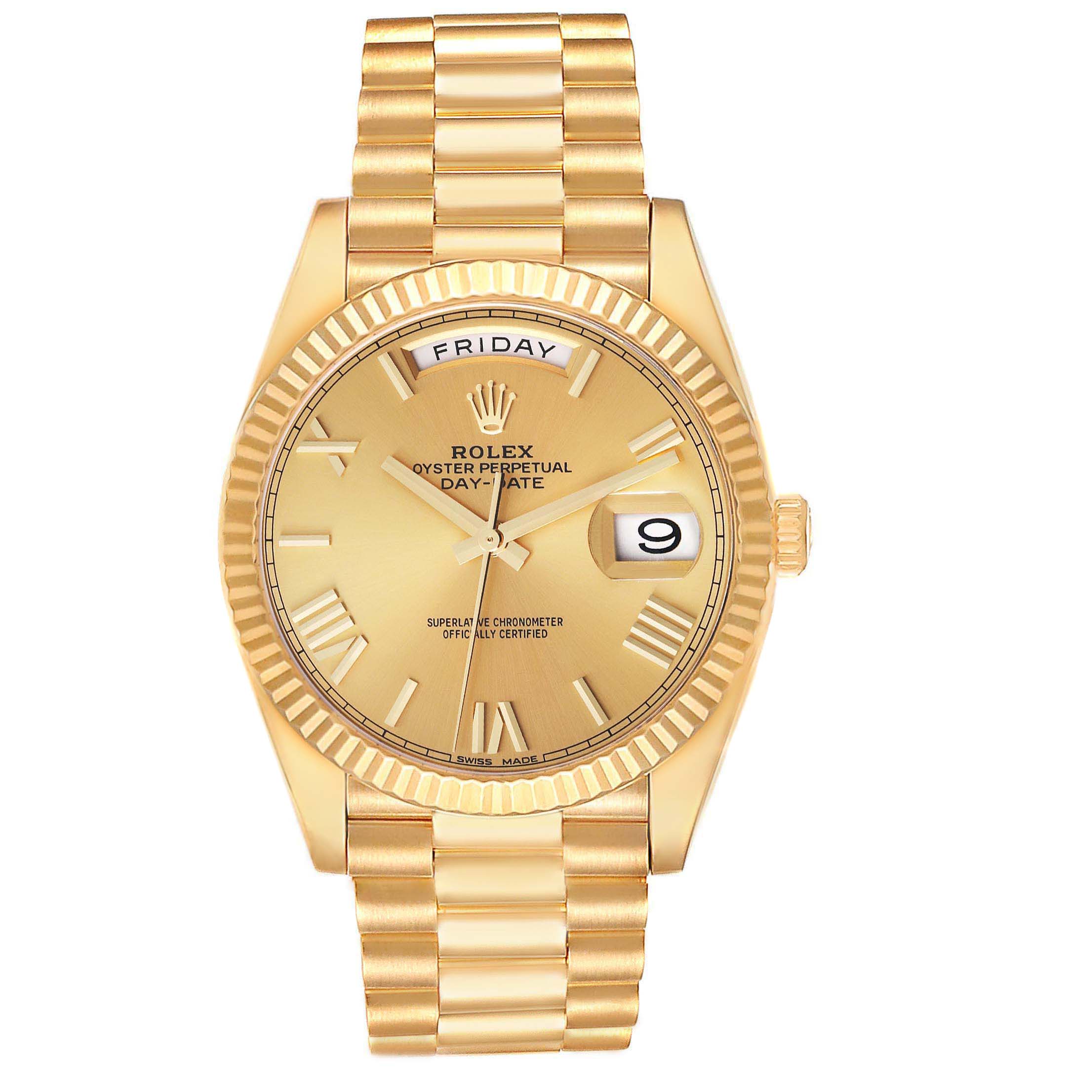The image shows a front view of a Rolex President 228238 Men
s Yellow Gold Champagne Dial 228238 Men
s Yellow Gold Champagne Dial model watch, with its gold dial, day-date window, and gold bracelet.