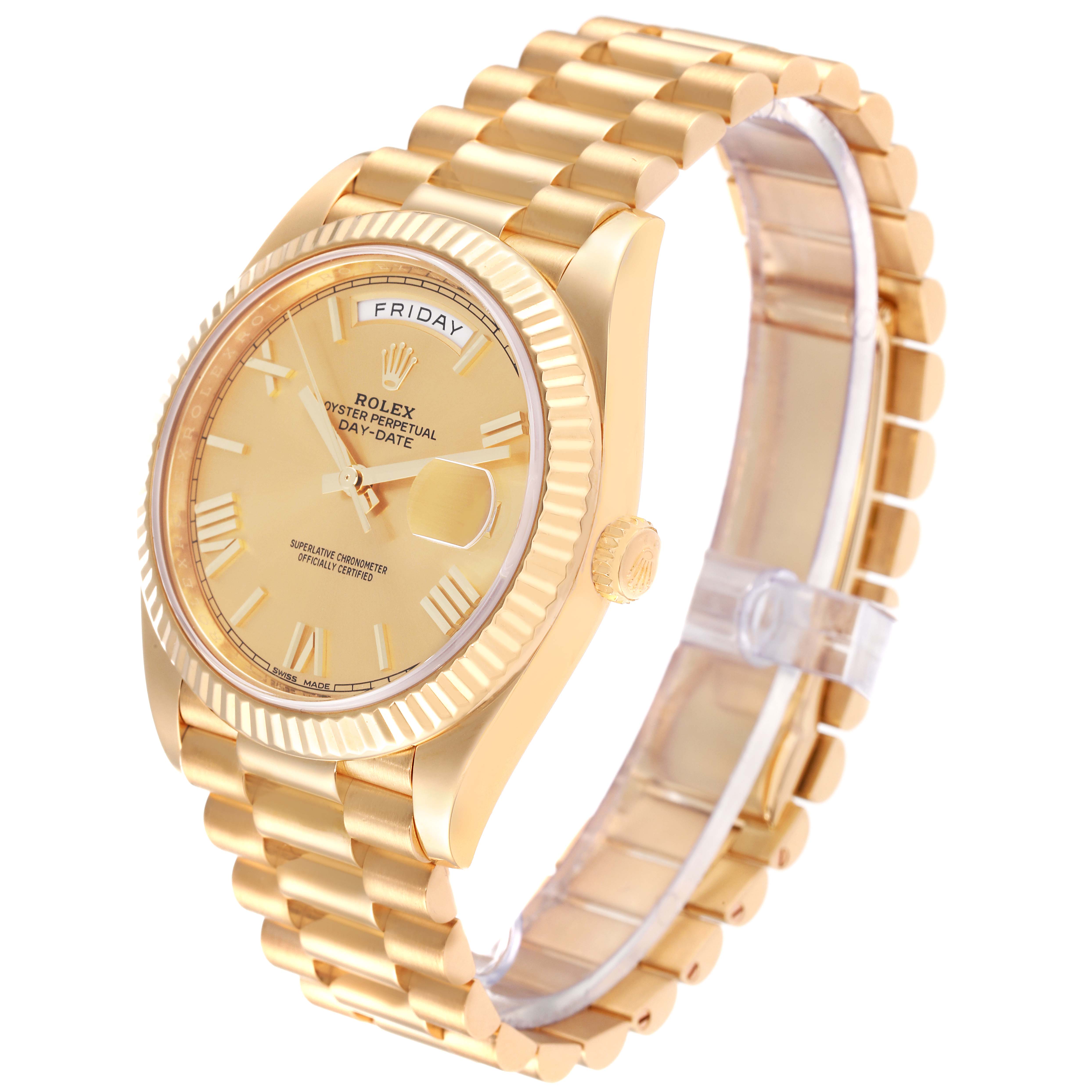 The Rolex President 228238 Men
s Yellow Gold Champagne Dial 228238 Men
s Yellow Gold Champagne Dial model watch is shown at an angle displaying its face, bezel, bracelet, and crown.