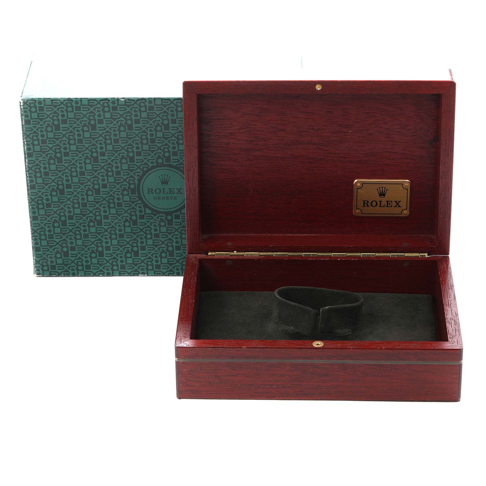 The image shows an open wooden Rolex President 18349 Men
s White Gold Silver Dial 18349 Men
s White Gold Silver Dial box with branding and a cushion inside, alongside its outer packaging.