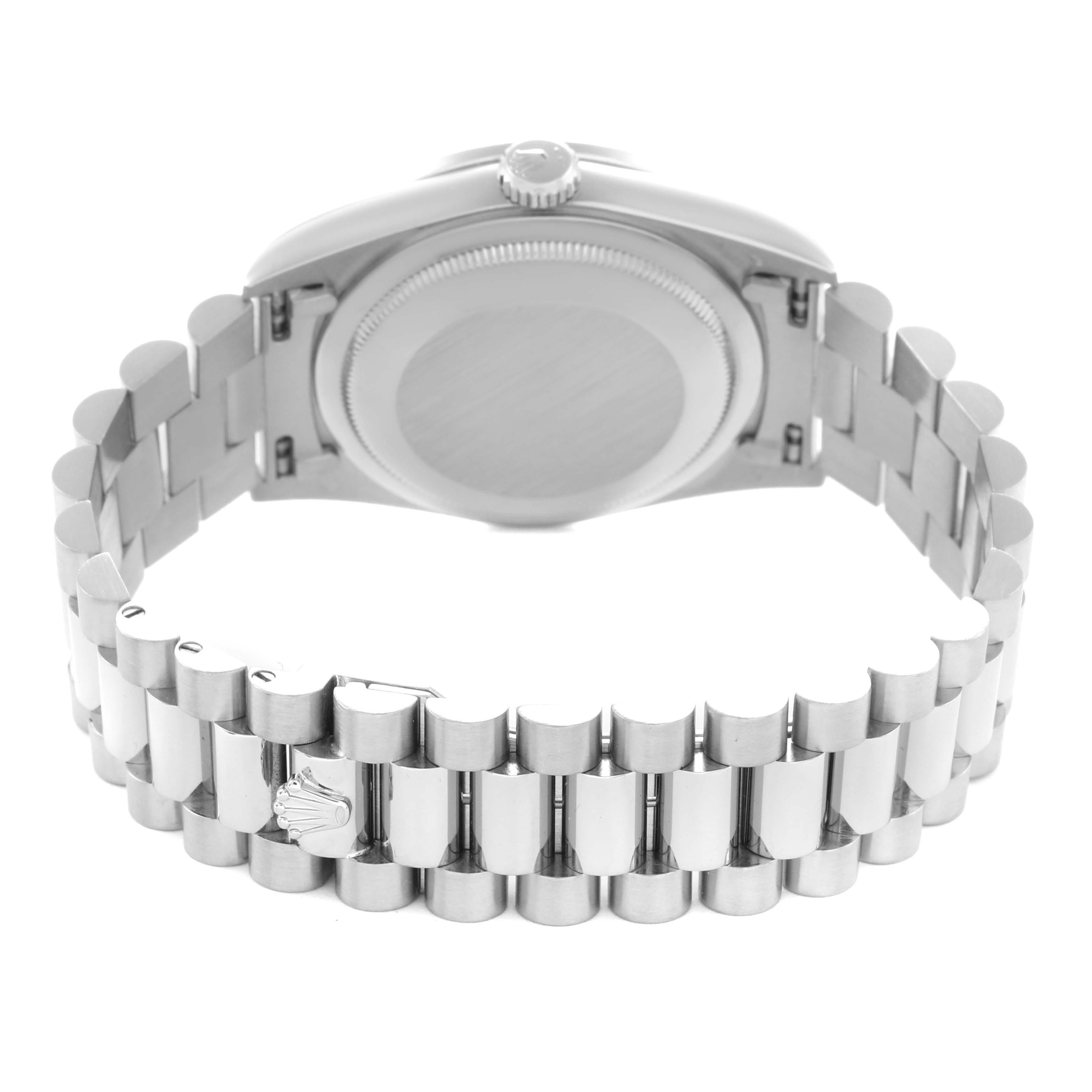 The image shows the back of a Rolex President 18349 Men
s White Gold Silver Dial 18349 Men
s White Gold Silver Dial watch, highlighting its case and bracelet from a rear angle.