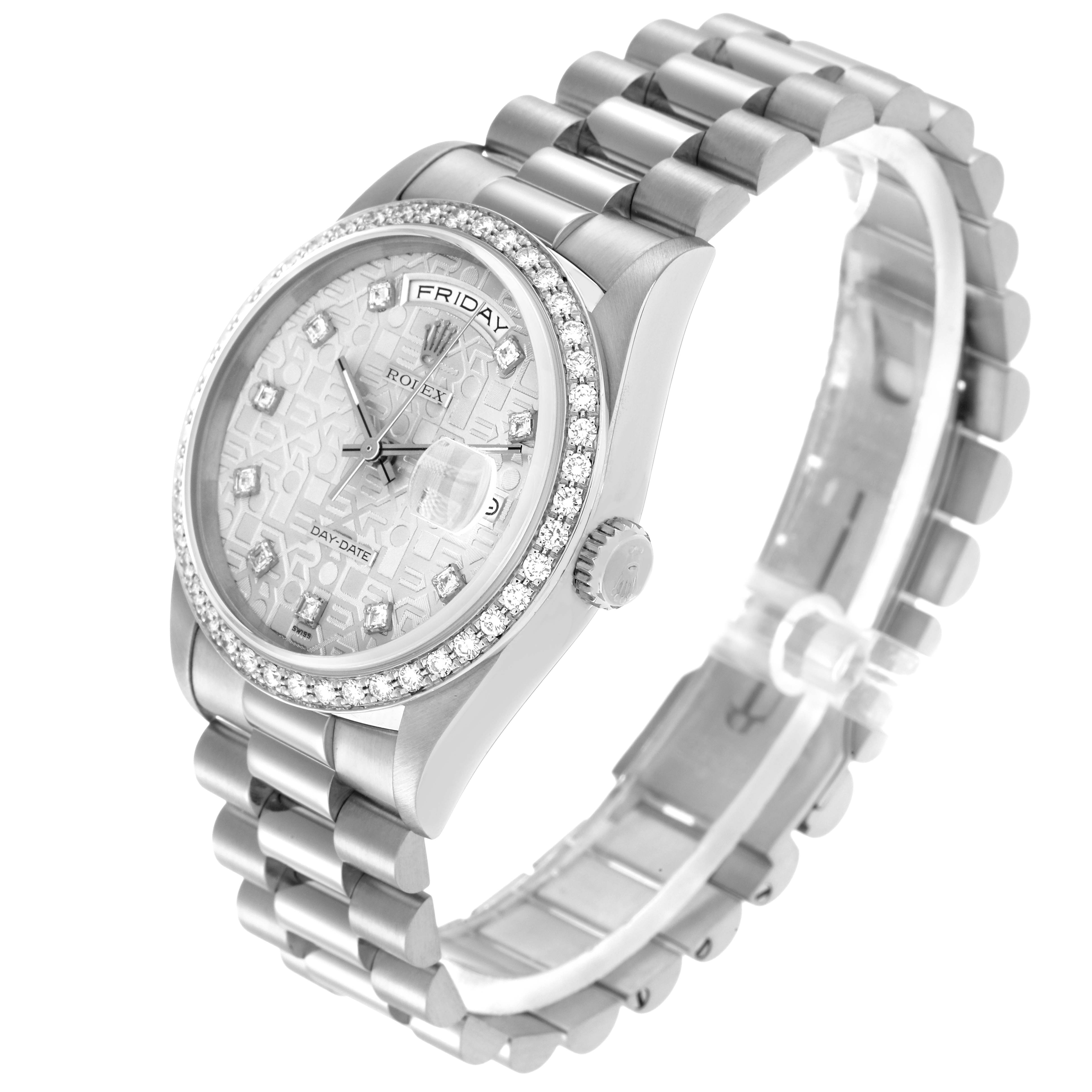 The Rolex President 18349 Men
s White Gold Silver Dial 18349 Men
s White Gold Silver Dial watch is shown at a three-quarter angle, highlighting the face, bezel, crown, and bracelet.