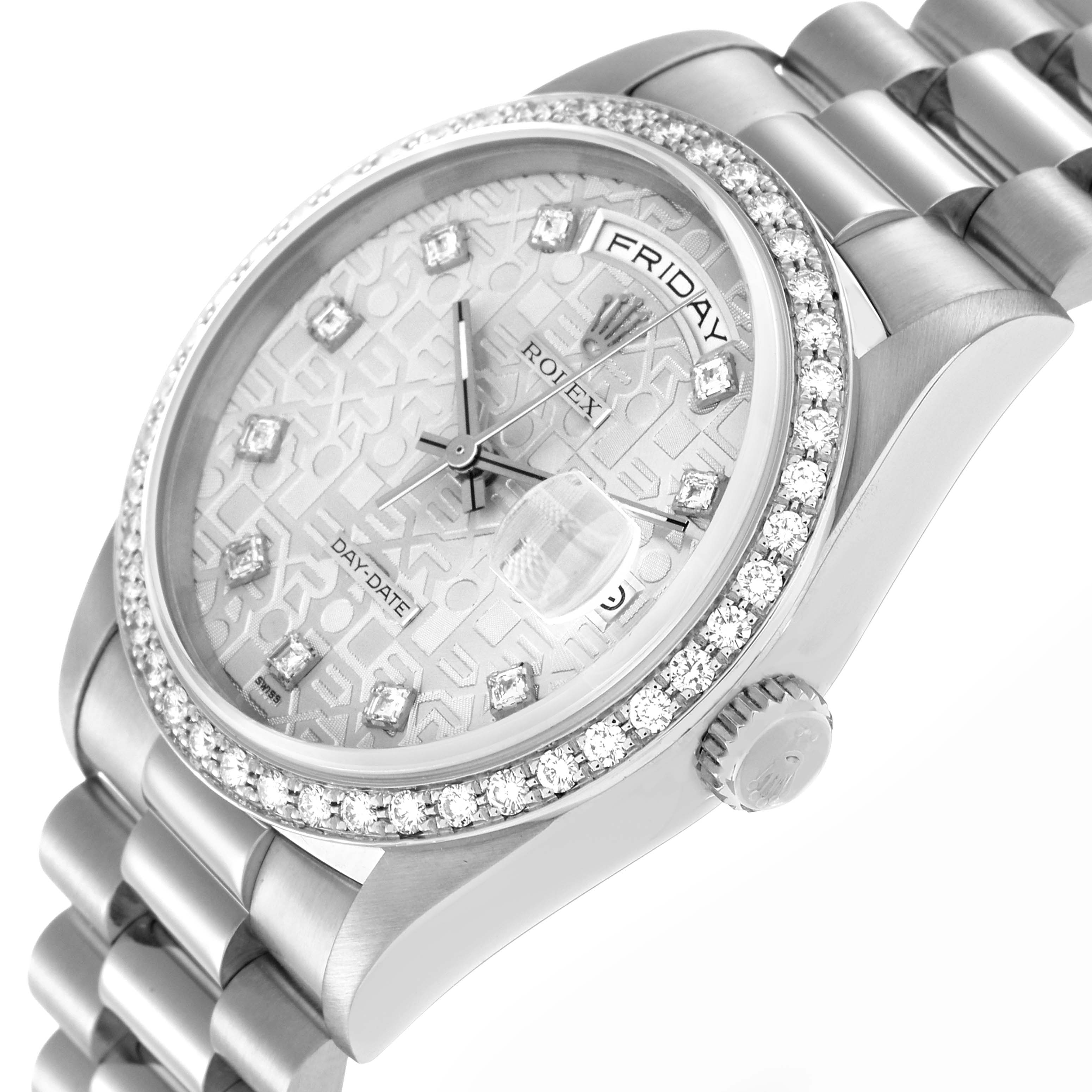 The Rolex President 18349 Men
s White Gold Silver Dial 18349 Men
s White Gold Silver Dial model is shown at an angled side view, highlighting its diamond bezel, dial, crown, and bracelet.