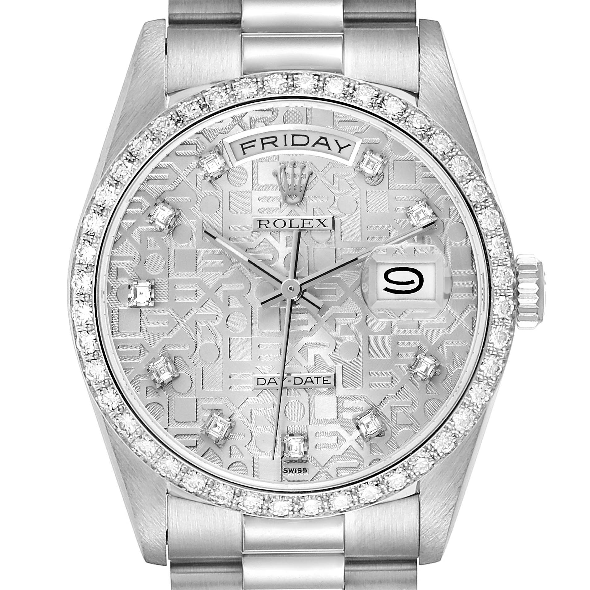 The Rolex President 18349 Men
s White Gold Silver Dial 18349 Men
s White Gold Silver Dial watch is shown from a top view, displaying its diamond-encrusted bezel, patterned dial, day-date feature, and bracelet.