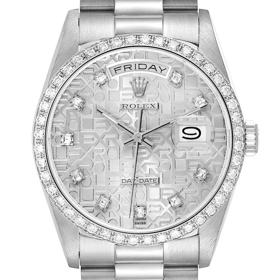 The Rolex President watch is shown from a top view, displaying its diamond-encrusted bezel, patterned dial, day-date feature, and bracelet.