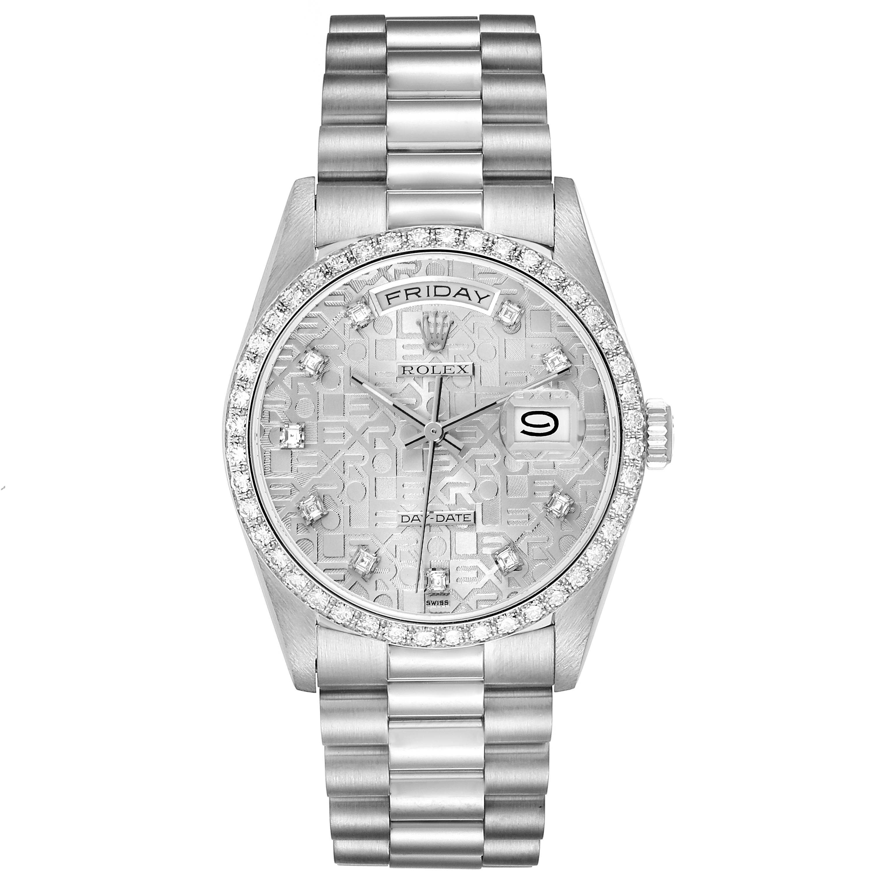 This image shows a frontal view of the Rolex President 18349 Men
s White Gold Silver Dial 18349 Men
s White Gold Silver Dial model, highlighting its dial, bezel, day-date window, and bracelet.