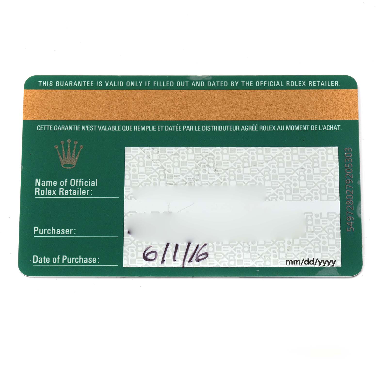 This image shows a warranty card for the Rolex President 118138 Men
s Yellow Gold Green Dial 118138 Men
s Yellow Gold Green Dial model, displaying details like purchase date and retailer information.