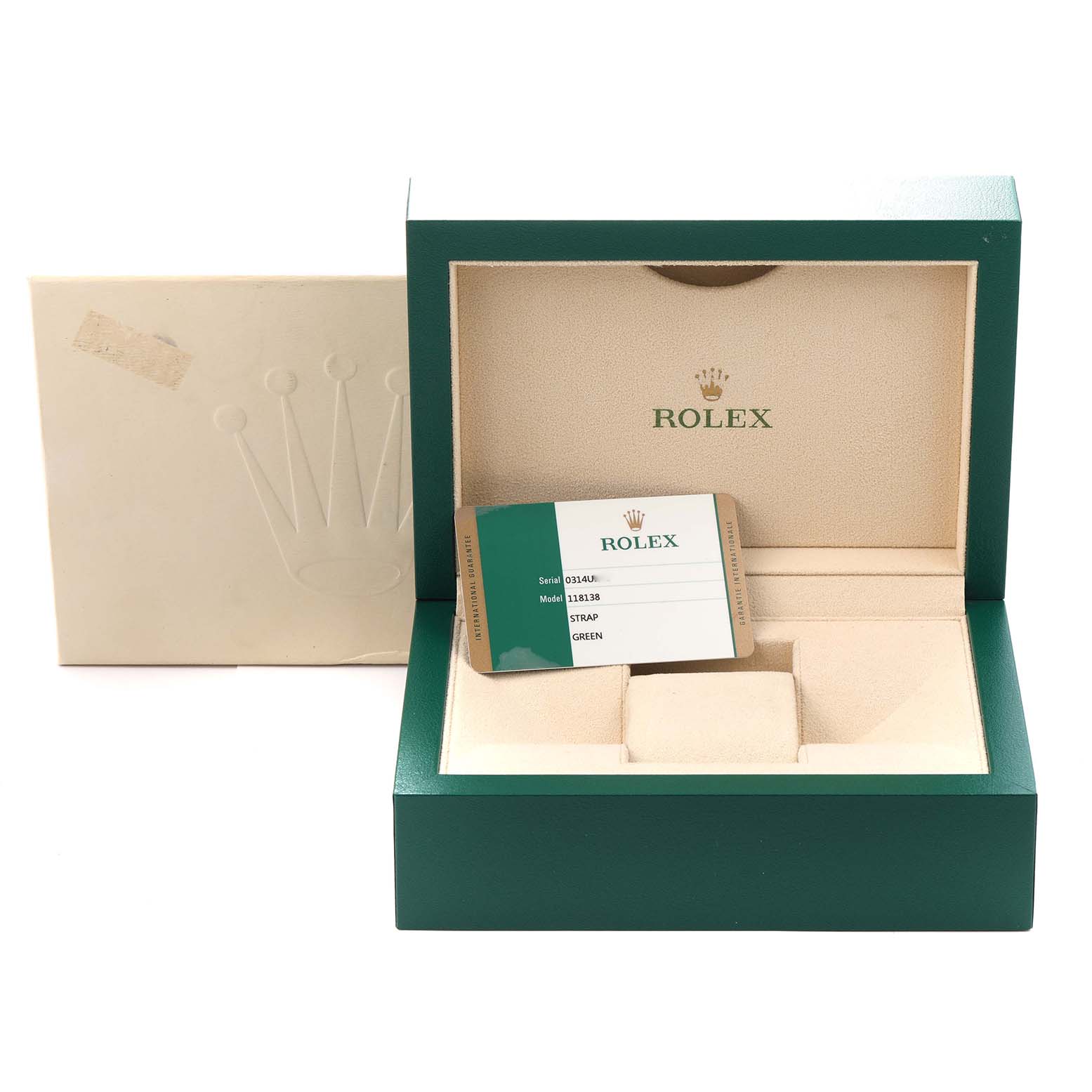 The image shows the open box and Best Quality
ity card for a Rolex President 118138 Men
s Yellow Gold Green Dial 118138 Men
s Yellow Gold Green Dial model.
