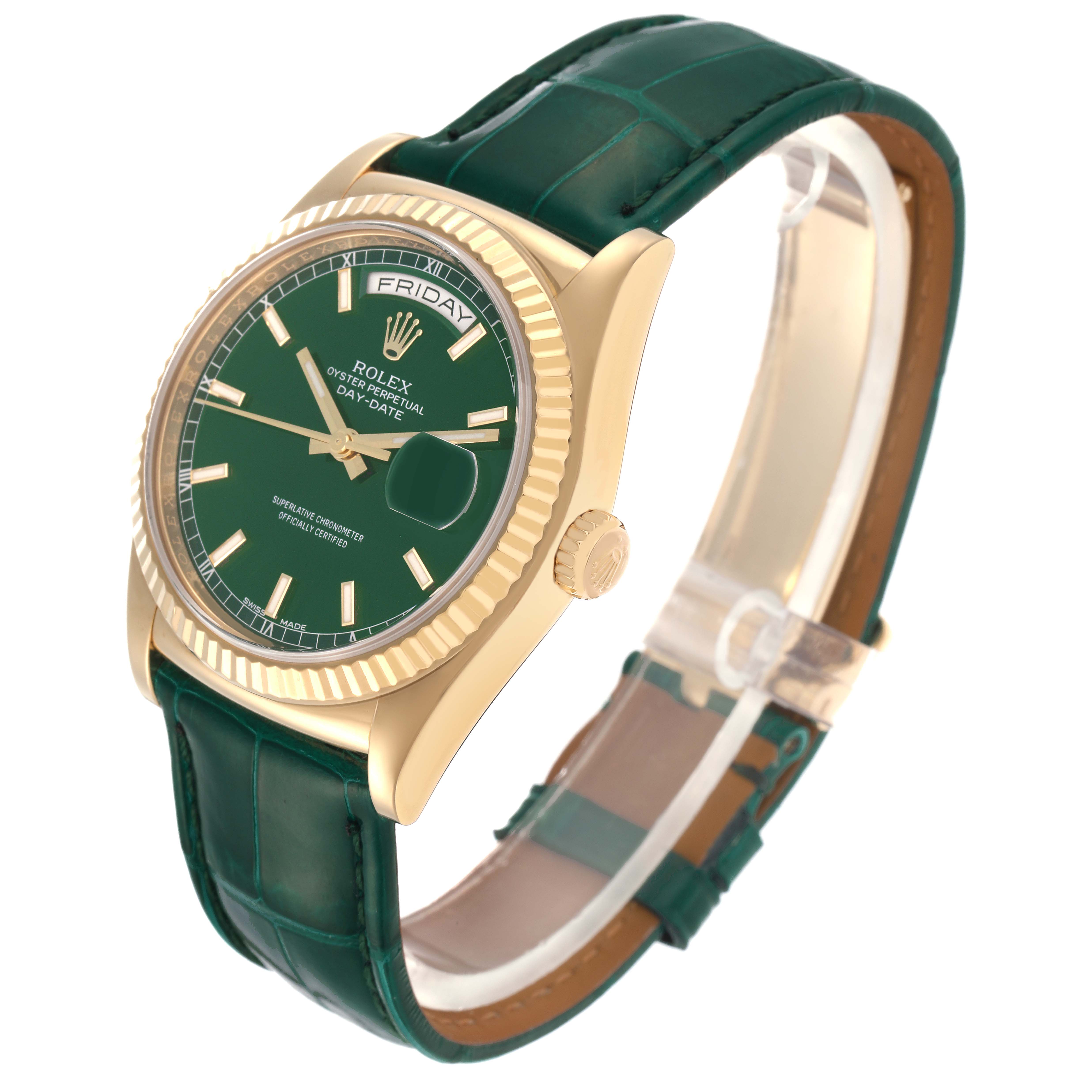 The Rolex President 118138 Men
s Yellow Gold Green Dial 118138 Men
s Yellow Gold Green Dial watch is shown at a three-quarter angle, highlighting the face, bezel, crown, and green leather strap.