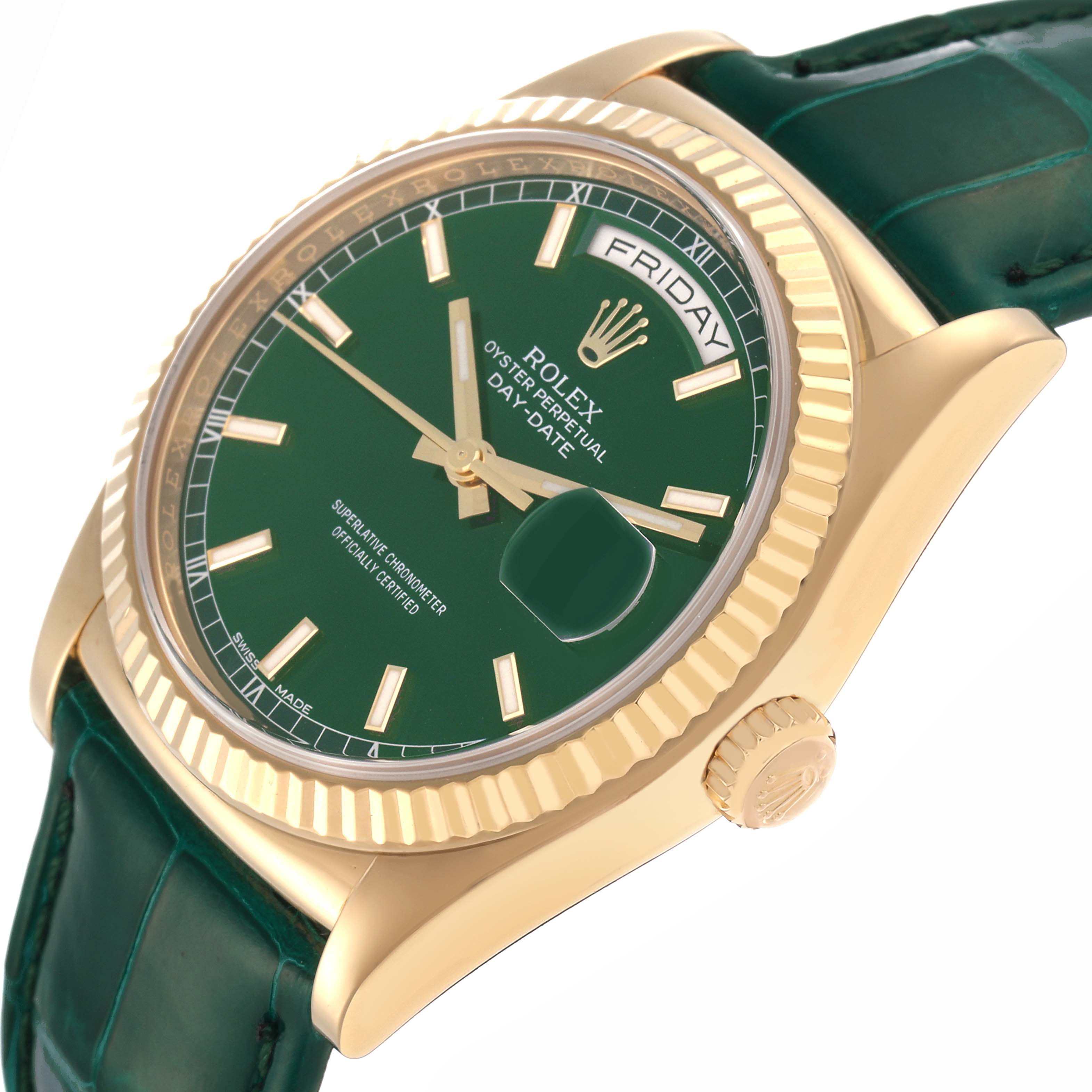 The Rolex President 118138 Men
s Yellow Gold Green Dial 118138 Men
s Yellow Gold Green Dial model watch is shown at an angle highlighting the green dial, fluted bezel, day-date feature, and crown.