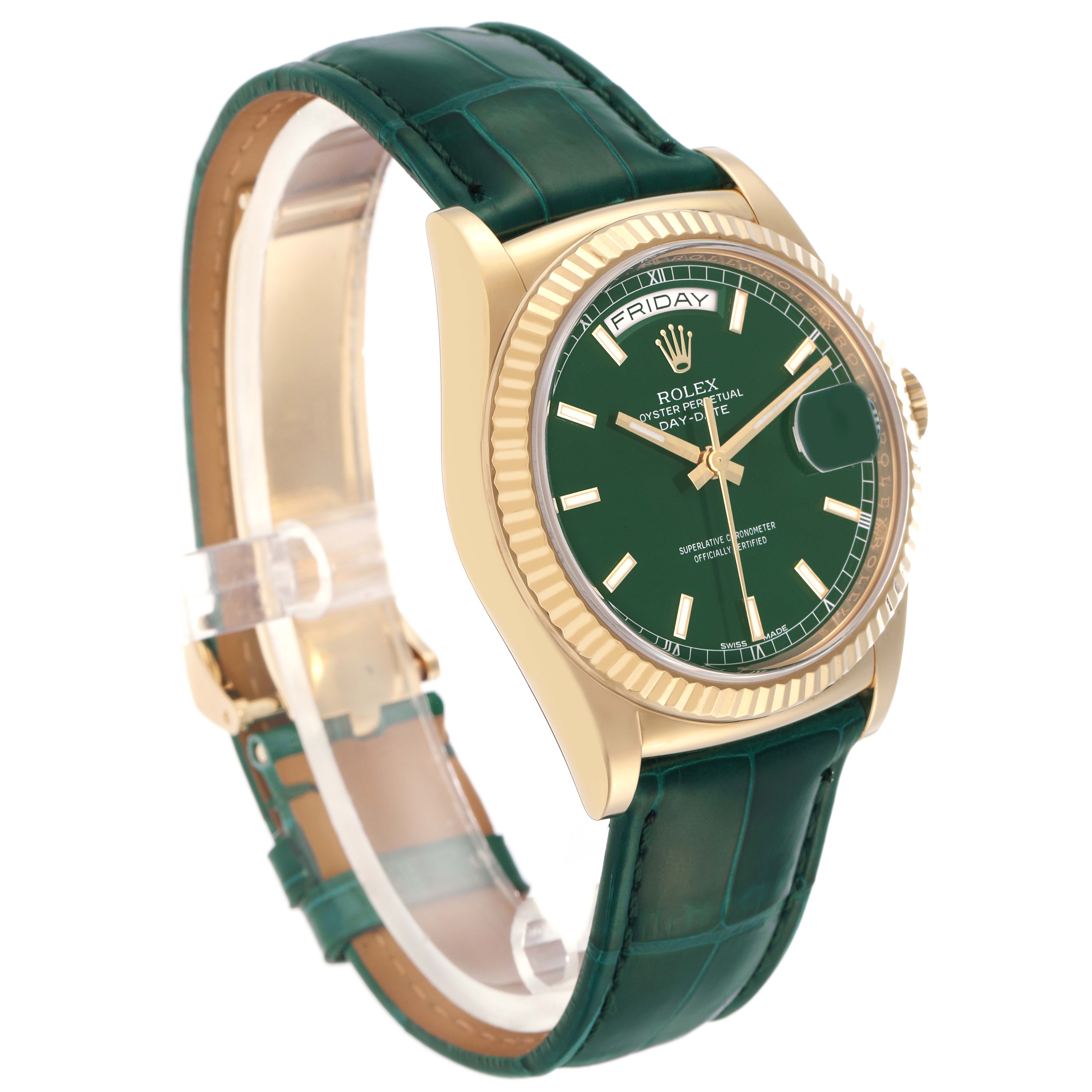 The Rolex President 118138 Men
s Yellow Gold Green Dial 118138 Men
s Yellow Gold Green Dial model watch is shown at a three-quarter angle, displaying the green dial, gold case, and green leather strap.