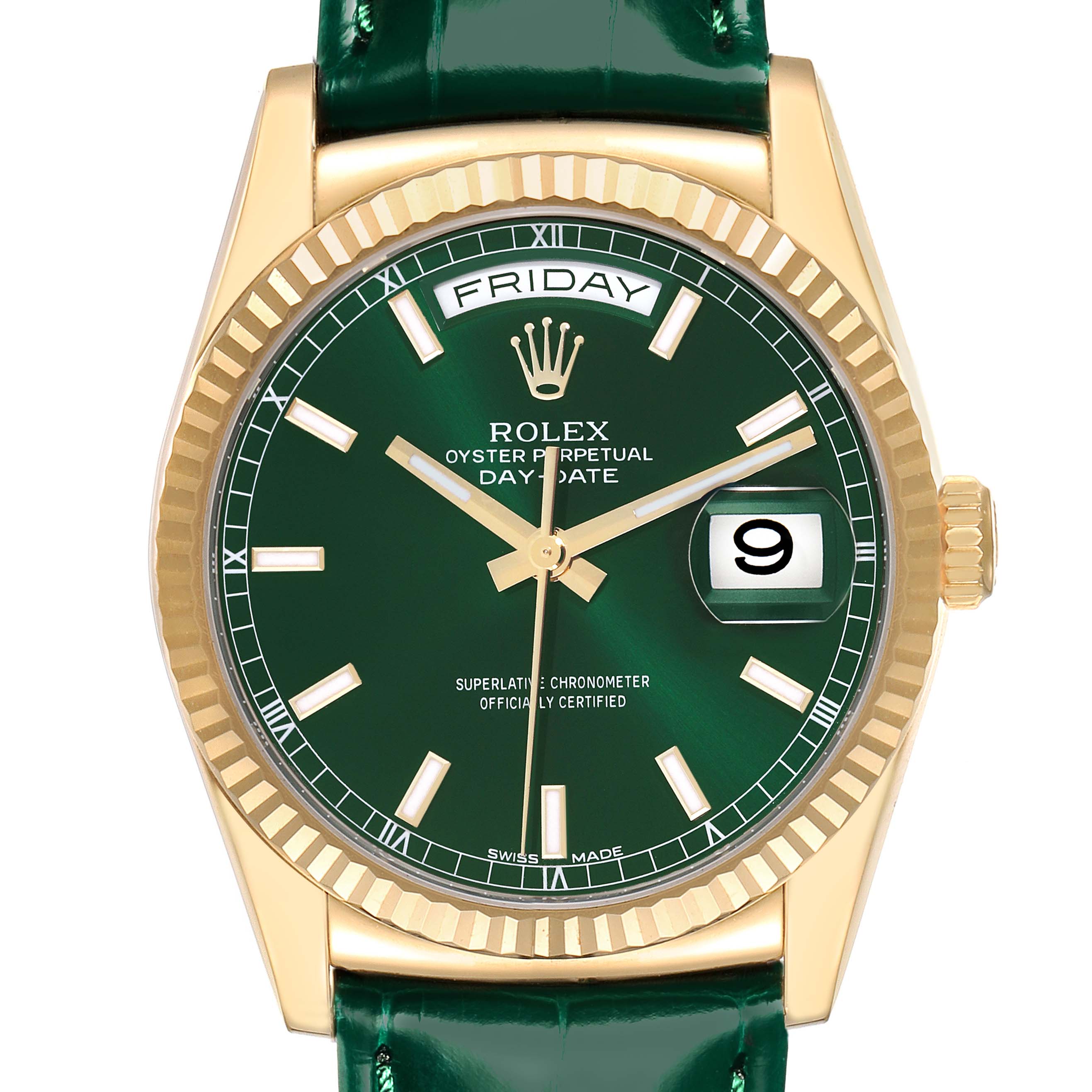 The Rolex President 118138 Men
s Yellow Gold Green Dial 118138 Men
s Yellow Gold Green Dial model is shown from the front, highlighting the green dial, gold case, and day-date display.