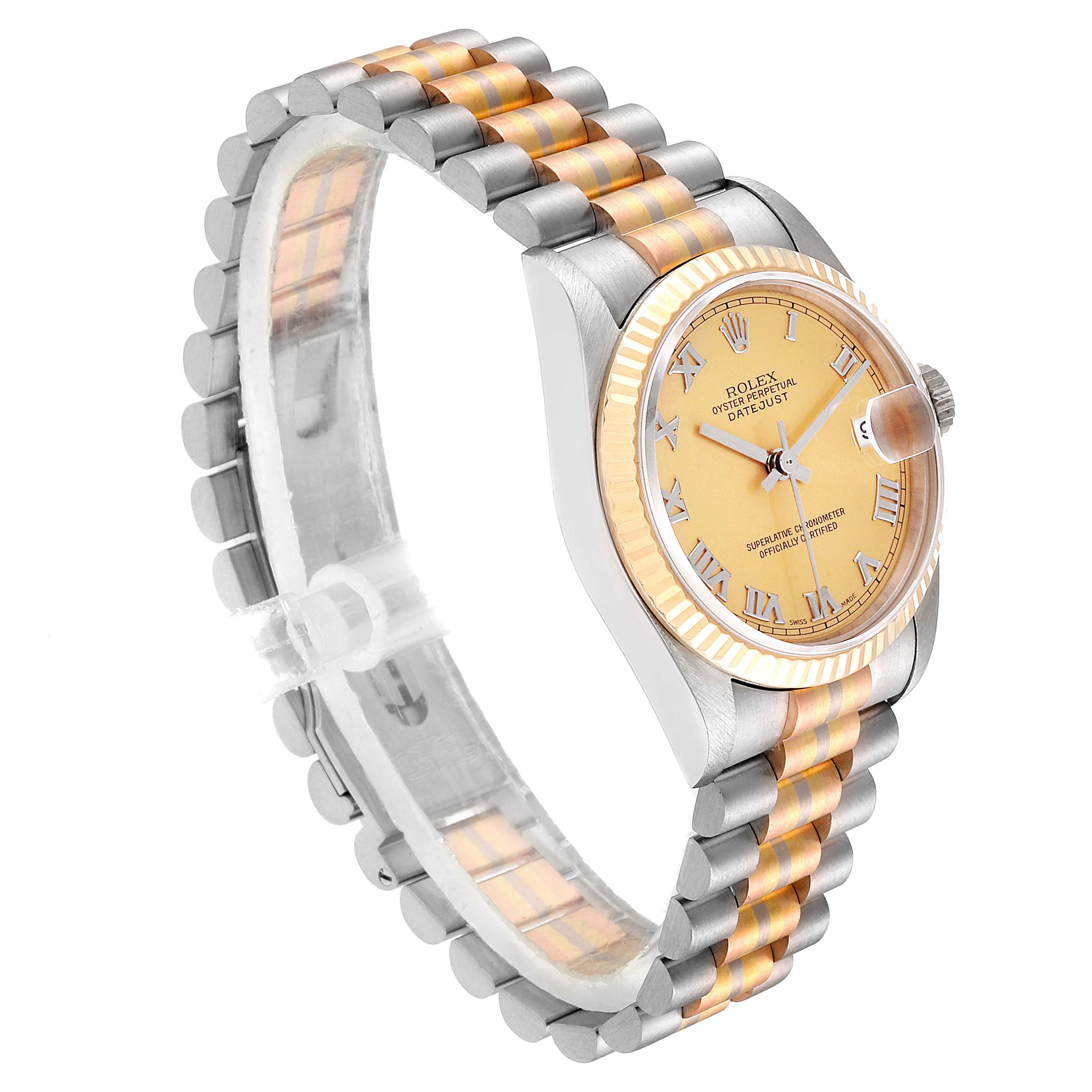This image shows a Rolex President 78279 Women
s White Gold Brown Dial 78279 Women
s White Gold Brown Dial model watch at a three-quarter angle, highlighting its two-tone bracelet, fluted bezel, and dial.