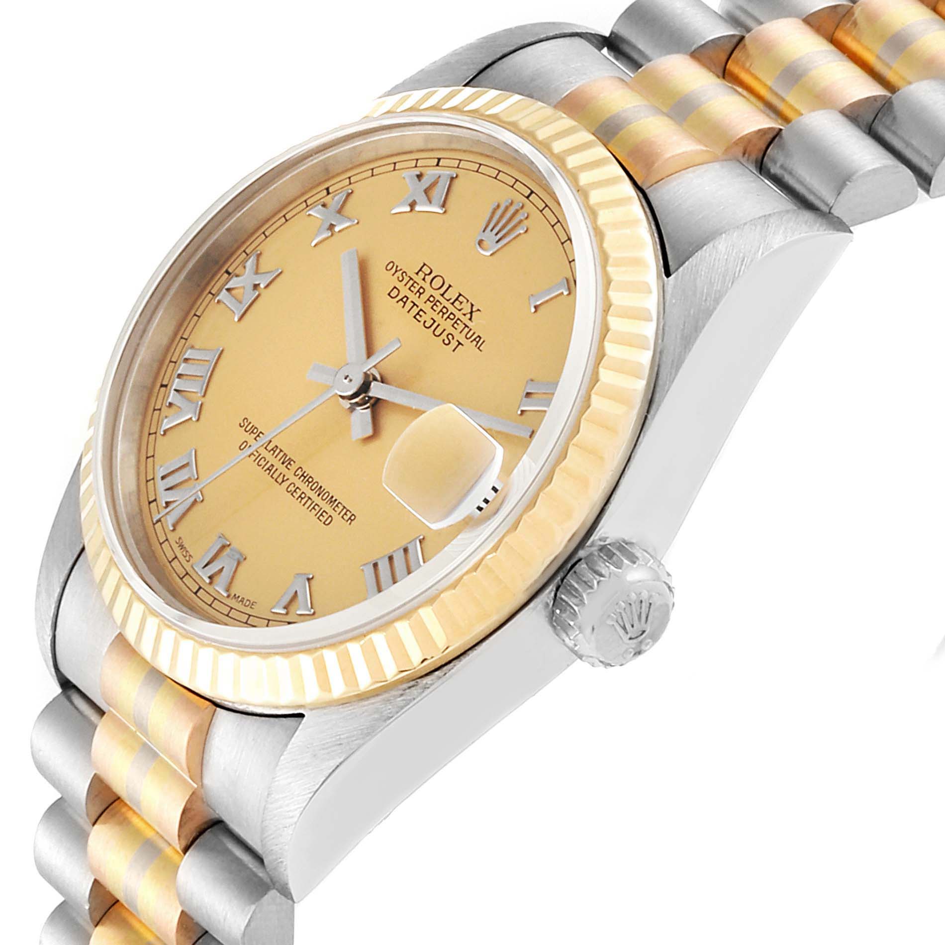 The image shows a side view of a Rolex President 78279 Women
s White Gold Brown Dial 78279 Women
s White Gold Brown Dial model watch, highlighting the dial, bezel, crown, and part of the bracelet.