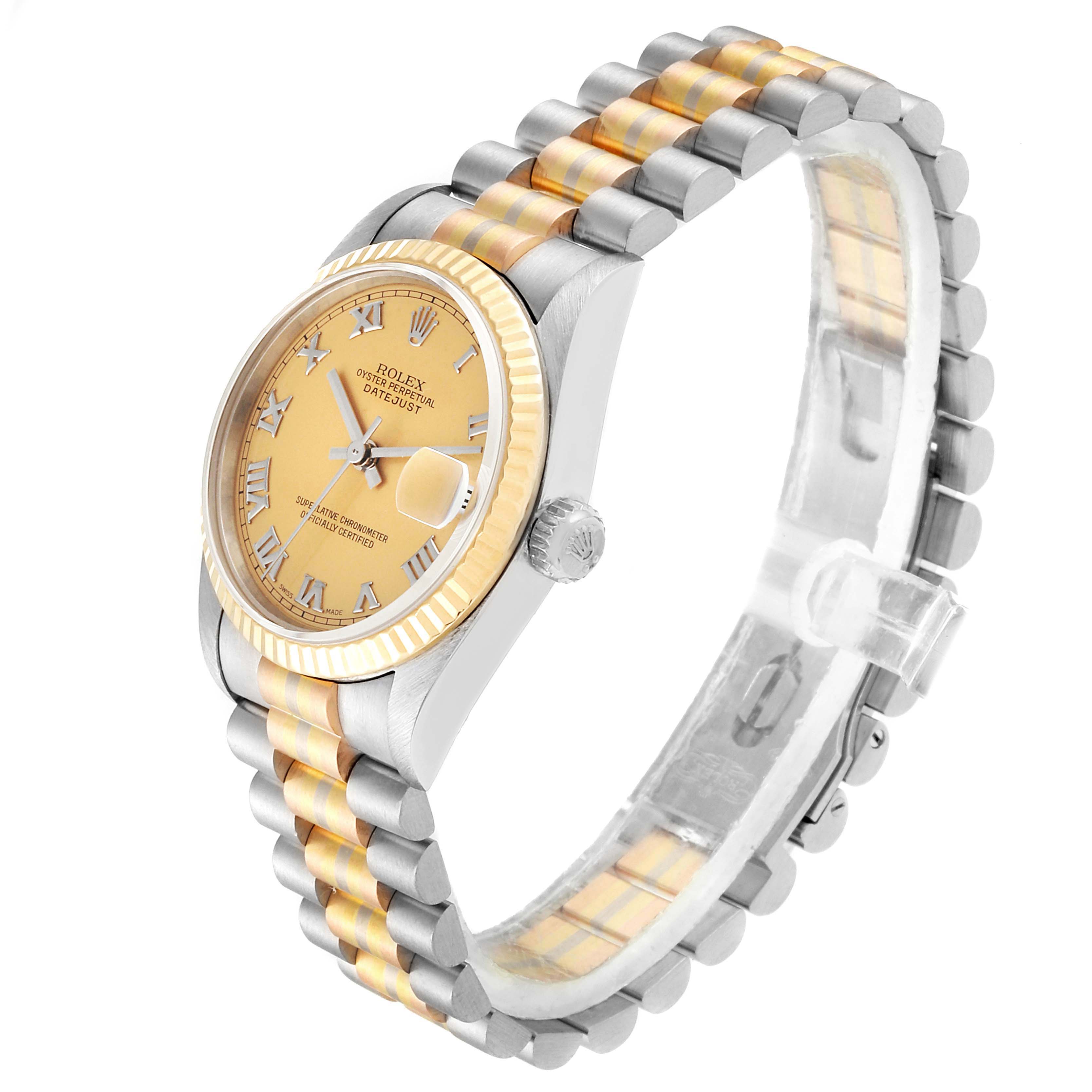 This Rolex President 78279 Women
s White Gold Brown Dial 78279 Women
s White Gold Brown Dial model watch is shown at a three-quarter angle, highlighting the face, bezel, crown, and bracelet.