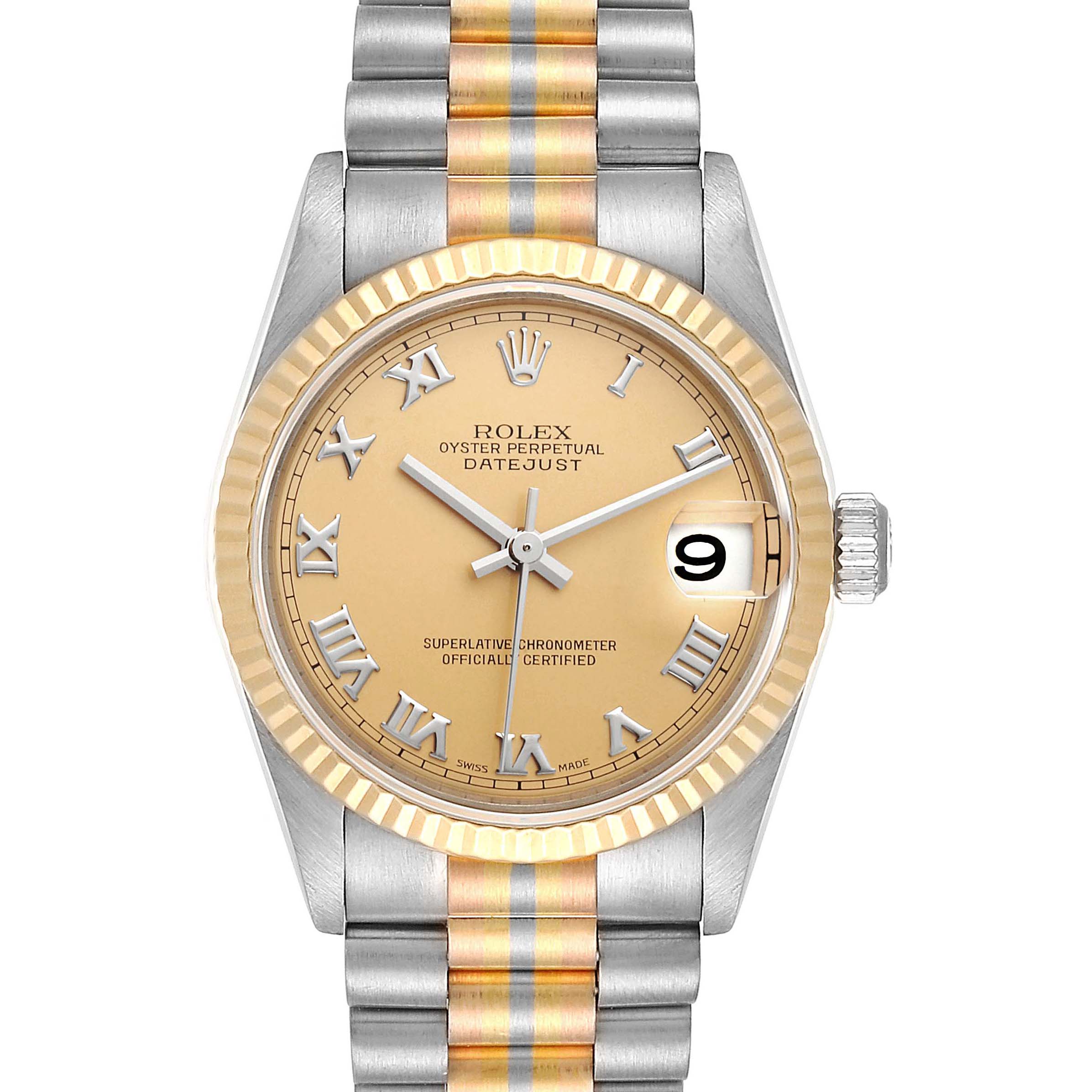 The image shows a front view of a Rolex President 78279 Women
s White Gold Brown Dial 78279 Women
s White Gold Brown Dial Datejust watch, displaying the dial, bezel, bracelet, and crown.