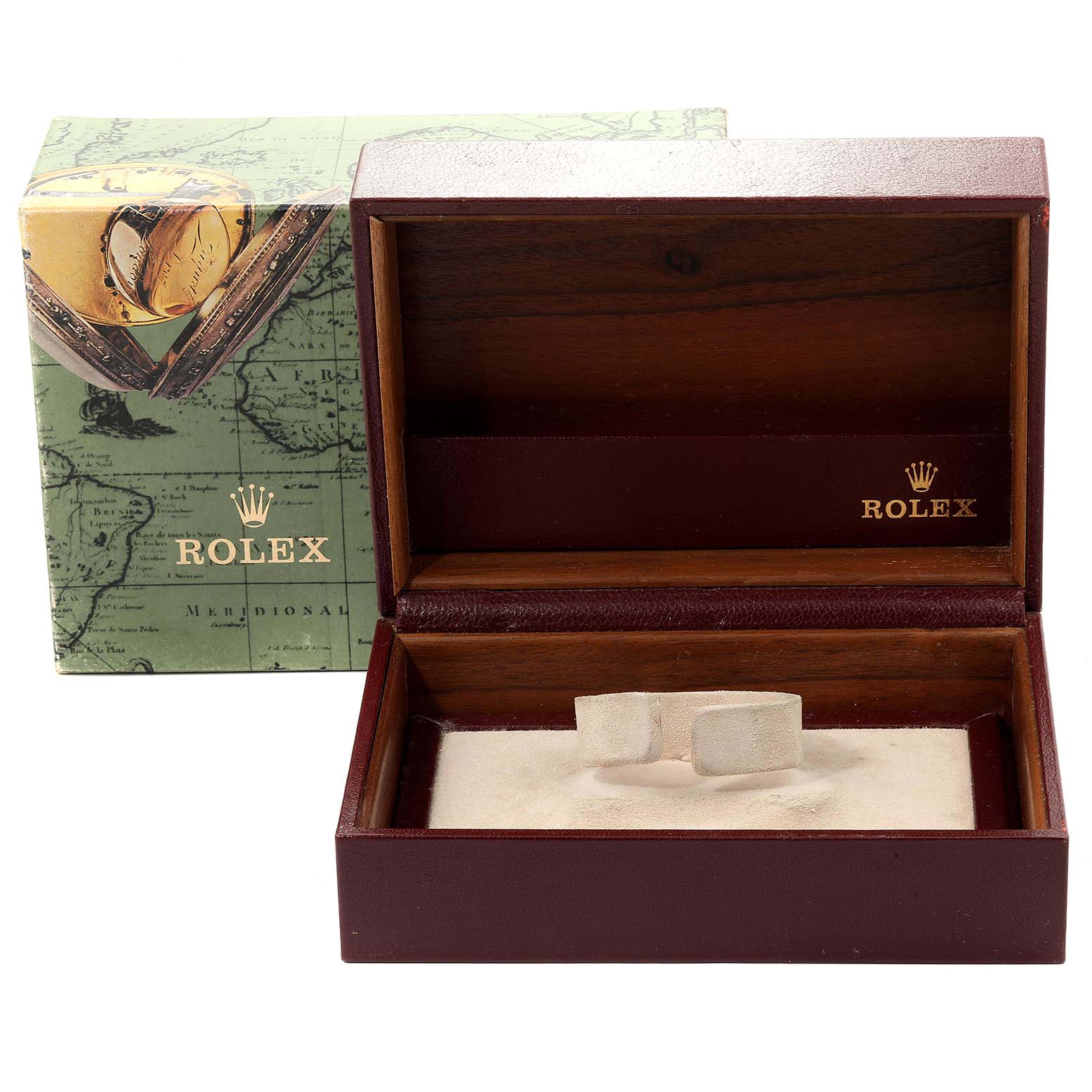This image shows an open Rolex President 78279 Women
s White Gold Brown Dial 78279 Women
s White Gold Brown Dial model watch box and its outer packaging.