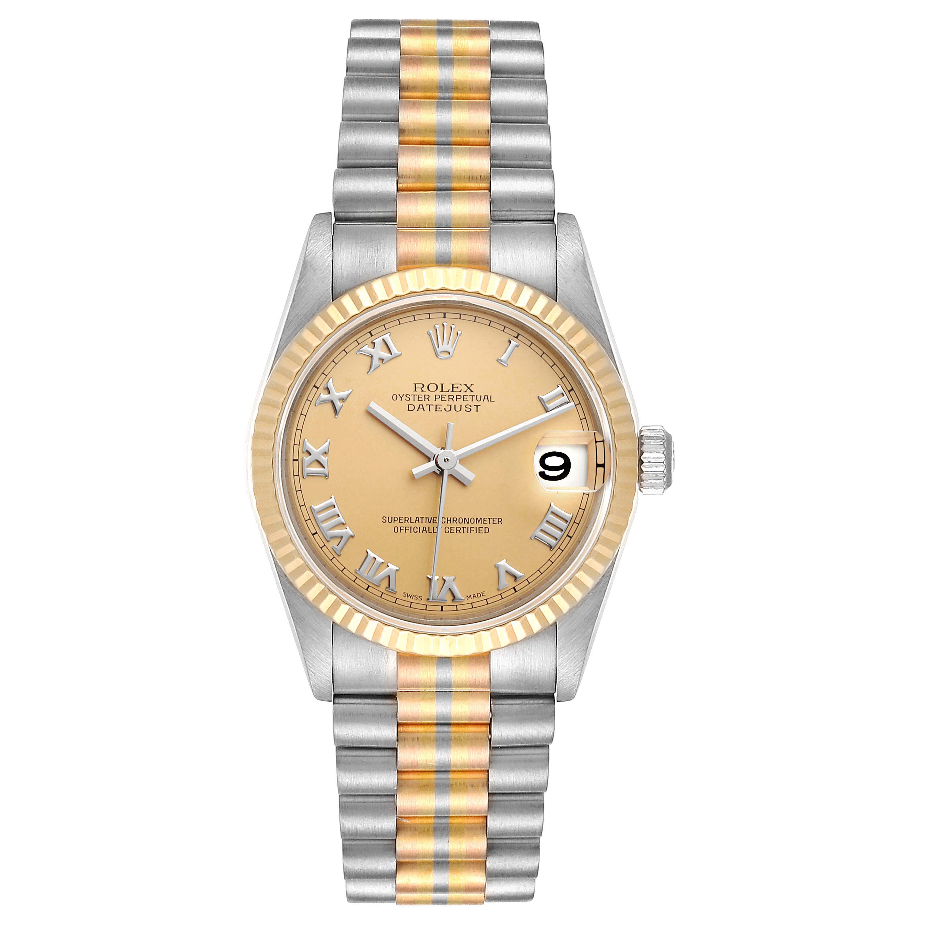 The image shows a Rolex President 78279 Women
s White Gold Brown Dial 78279 Women
s White Gold Brown Dial model watch from a top-down angle, displaying the face, bezel, and bracelet.