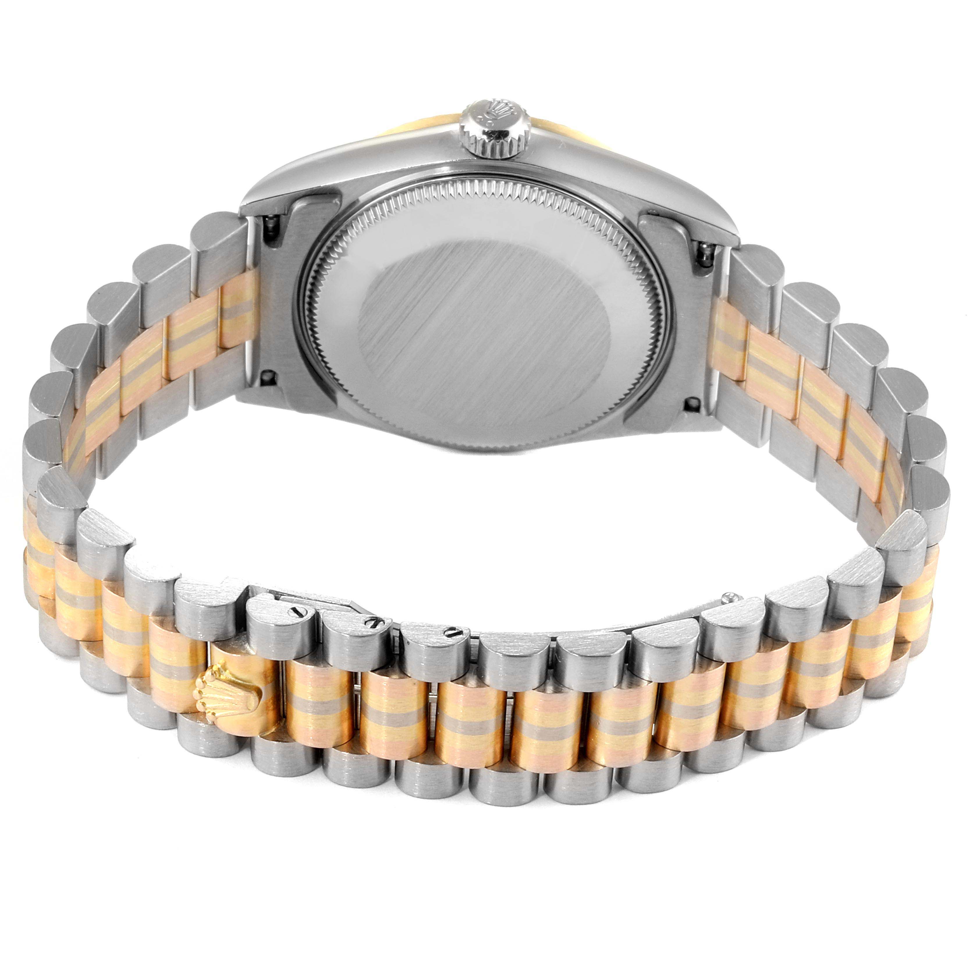 The image shows the back view of a Rolex President 78279 Women
s White Gold Brown Dial 78279 Women
s White Gold Brown Dial model watch, focusing on the caseback and bracelet.