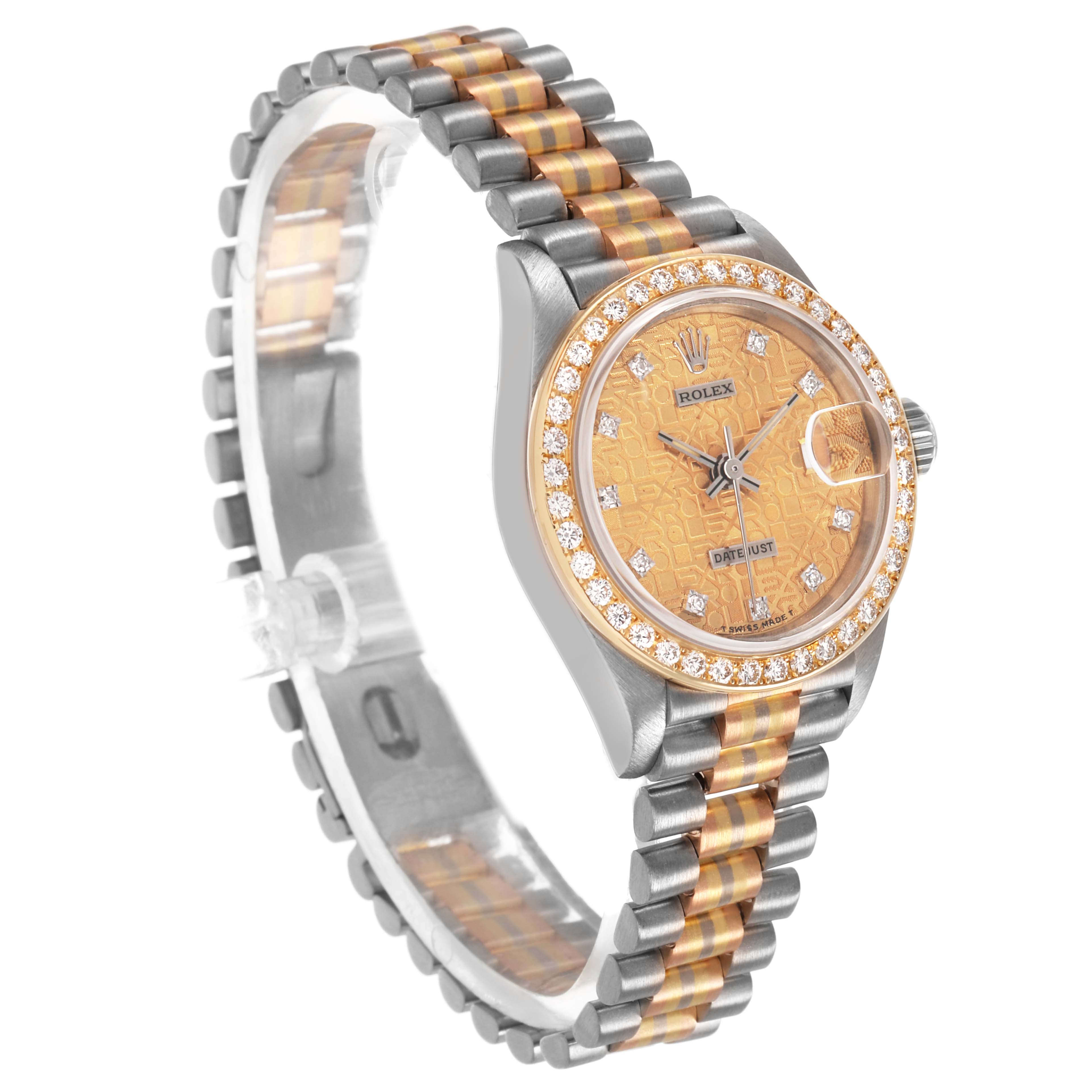 The Rolex President 69139 Women's White Gold Champagne Dial model is shown at an angle highlighting the bracelet, bezel with diamonds, dial, and crown.