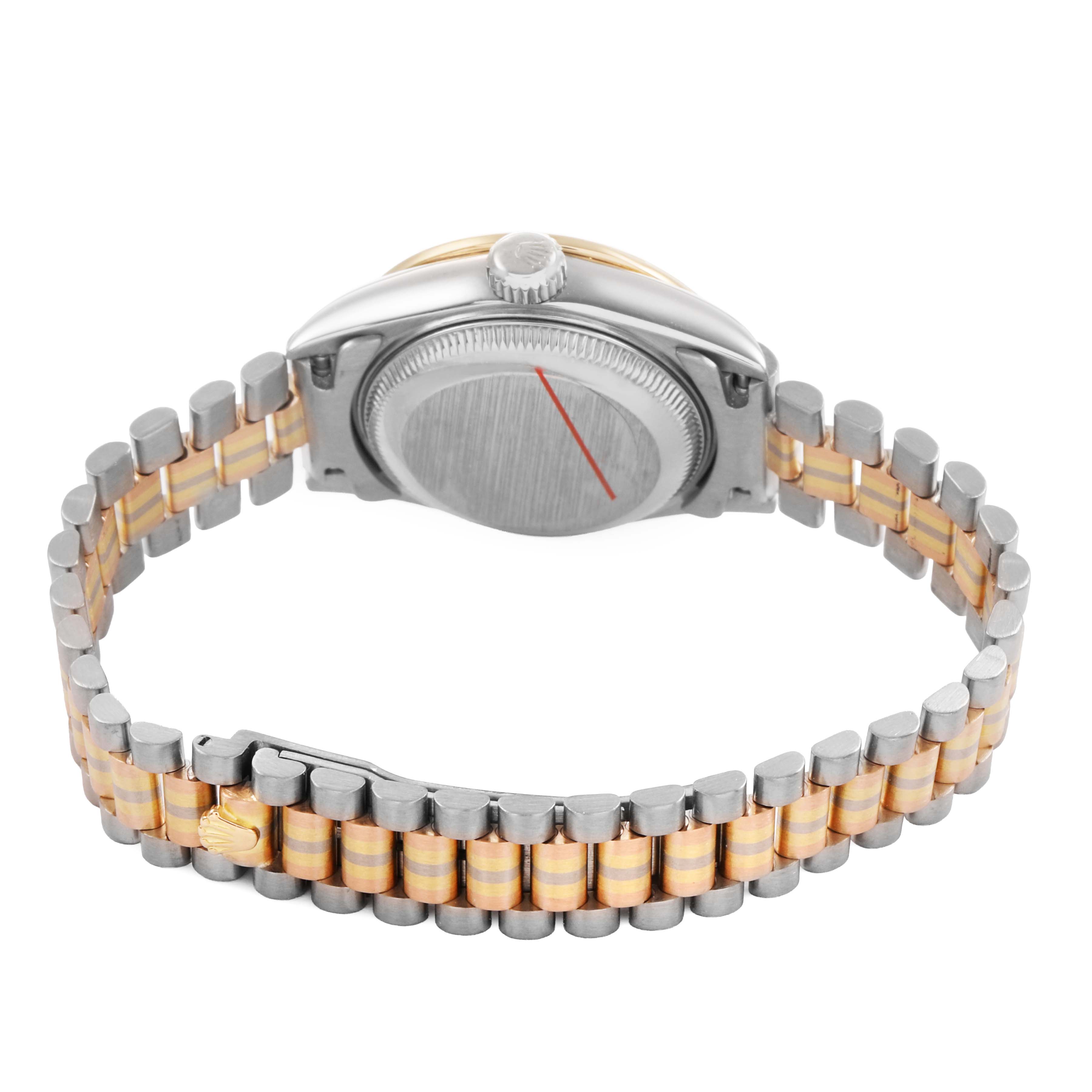 The image shows the back and side of a Rolex President 69139 Women's White Gold Champagne Dial model watch, highlighting the bracelet and clasp.