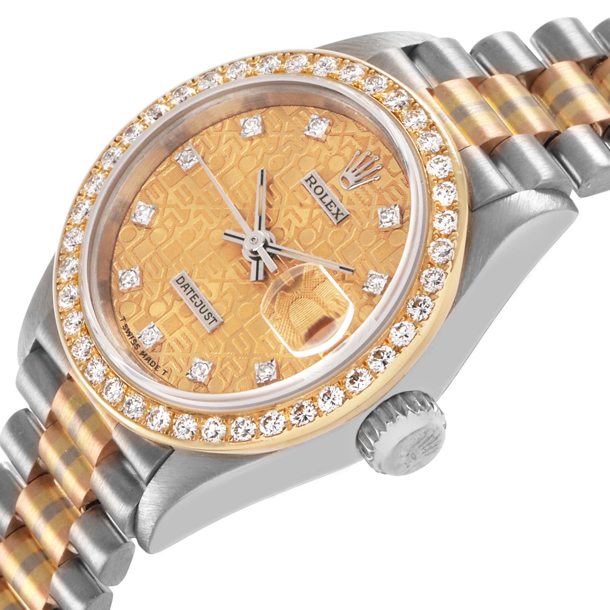 The Rolex President 69139 Women's White Gold Champagne Dial watch is shown at an angle highlighting the face, bezel with diamonds, and part of the jubilee bracelet.