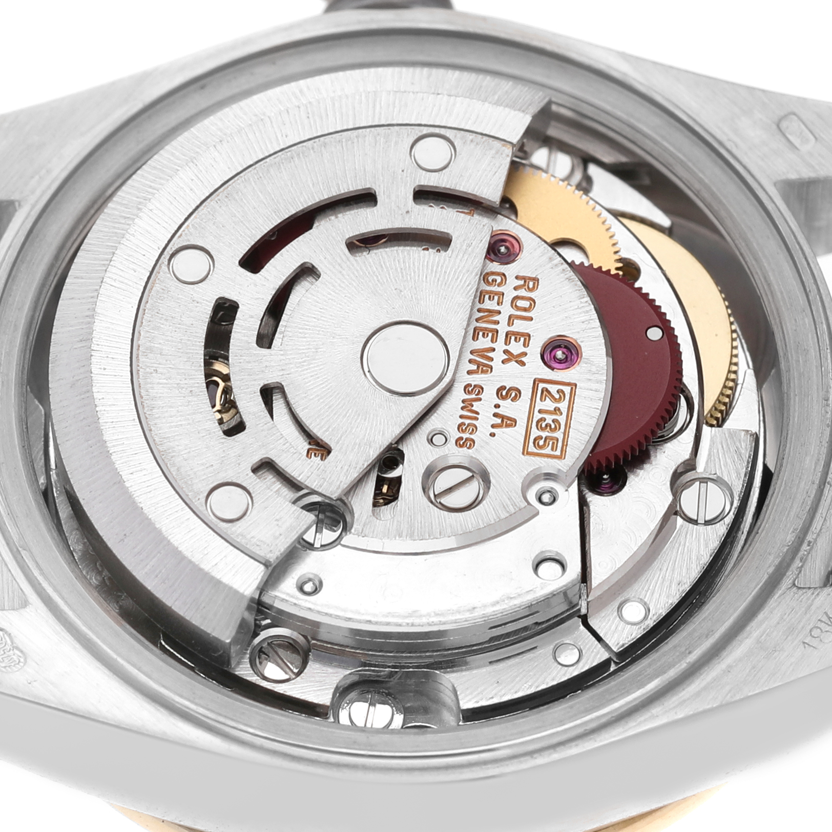 The image shows the internal movement mechanism of a Rolex President 69139 Women's White Gold Champagne Dial watch from a back perspective.