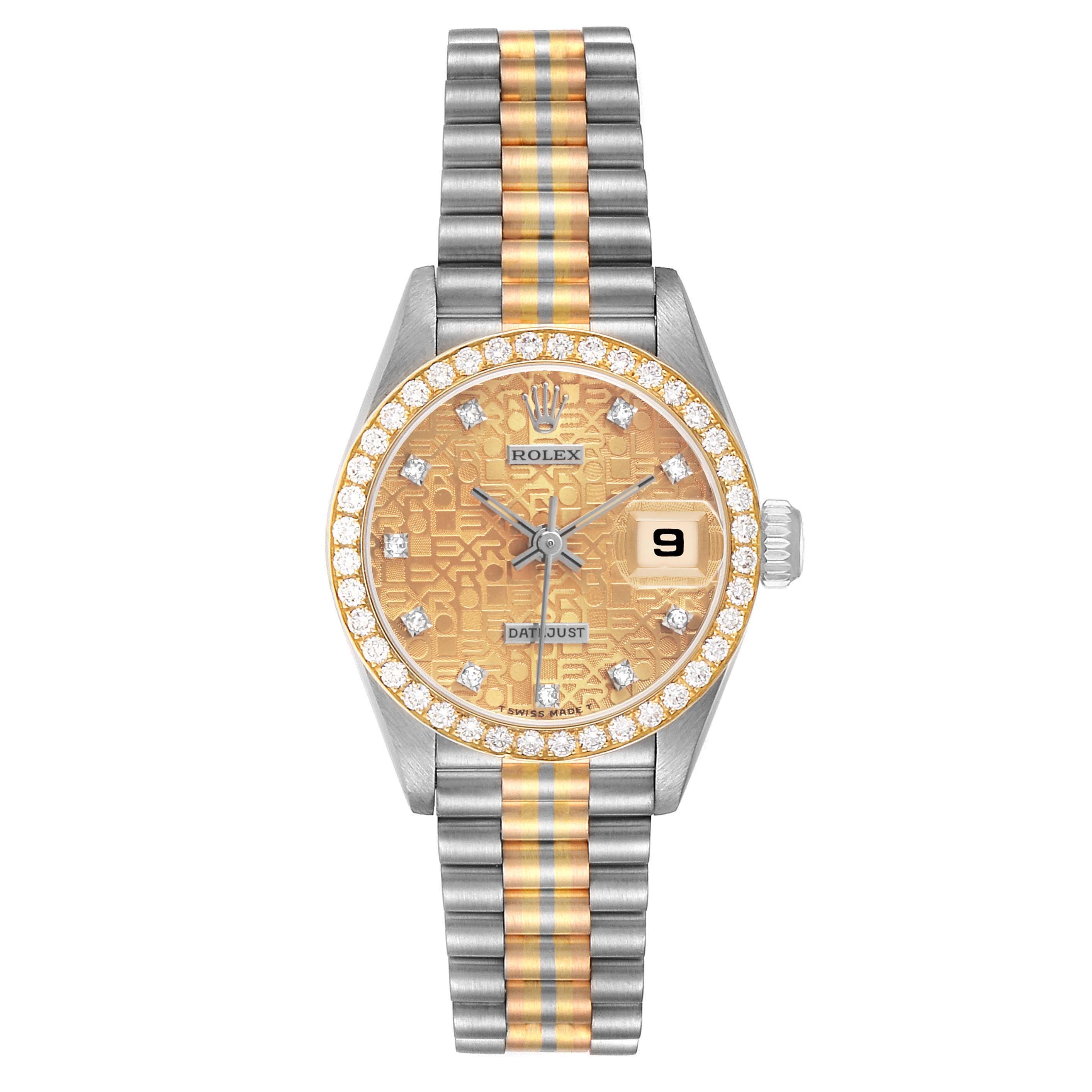 The Rolex President 69139 Women's White Gold Champagne Dial watch is shown from a top view, displaying its two-tone bracelet, diamond-studded bezel, and patterned dial.