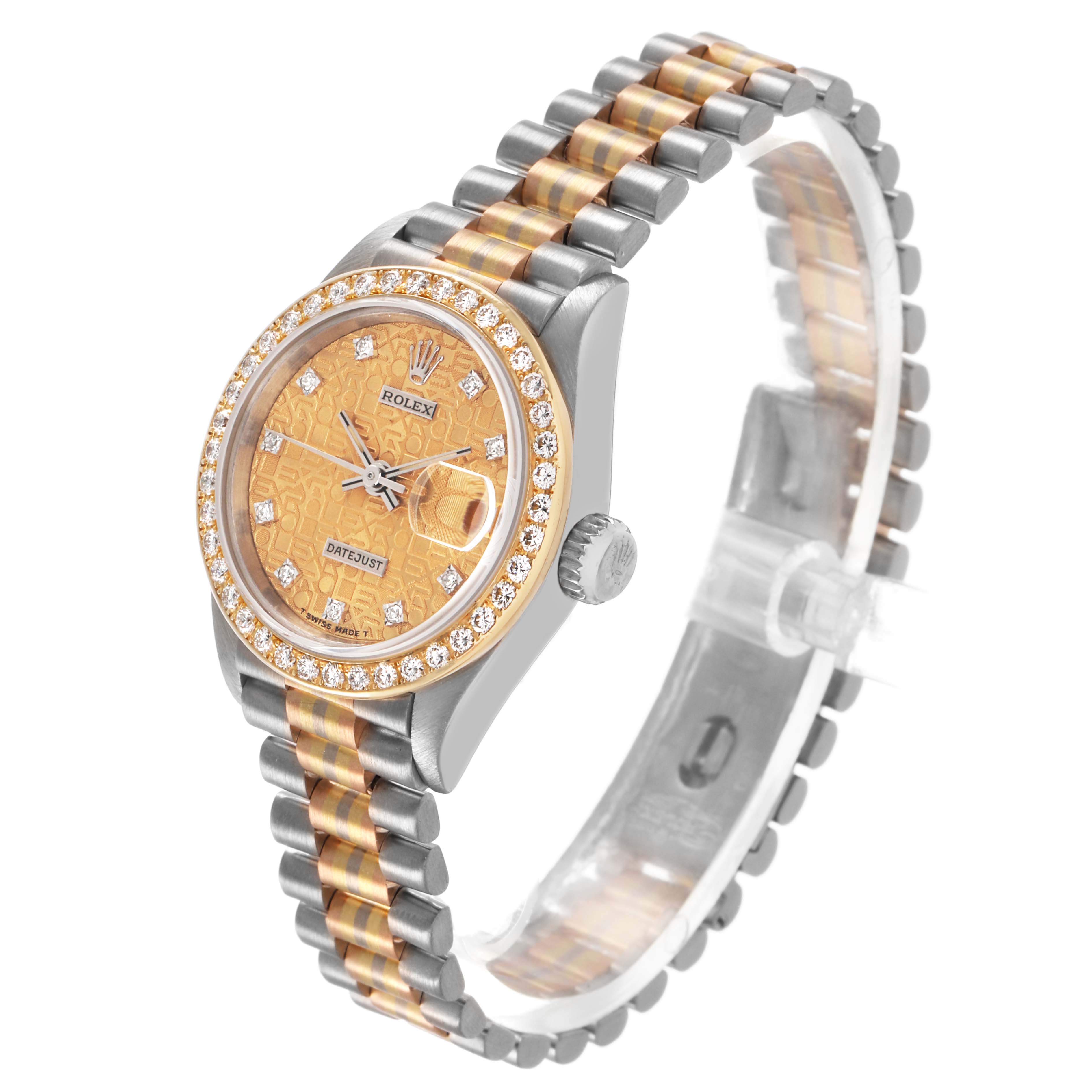 The Rolex President 69139 Women's White Gold Champagne Dial model is shown at a three-quarter angle highlighting the dial, bezel, crown, and bracelet.