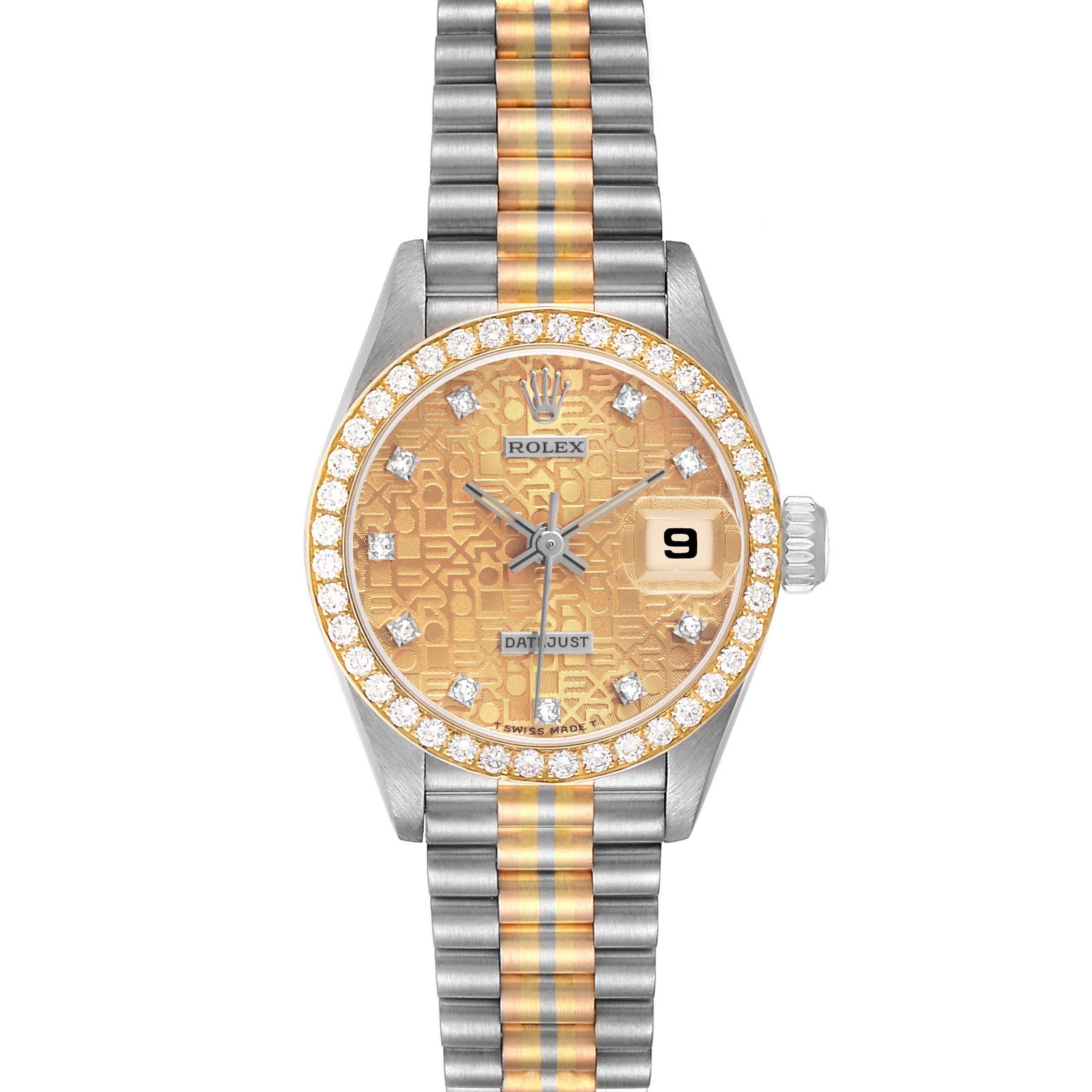 The Rolex President 69139 Women's White Gold Champagne Dial watch is shown from a top-down angle, displaying its dial, bezel, and bracelet.