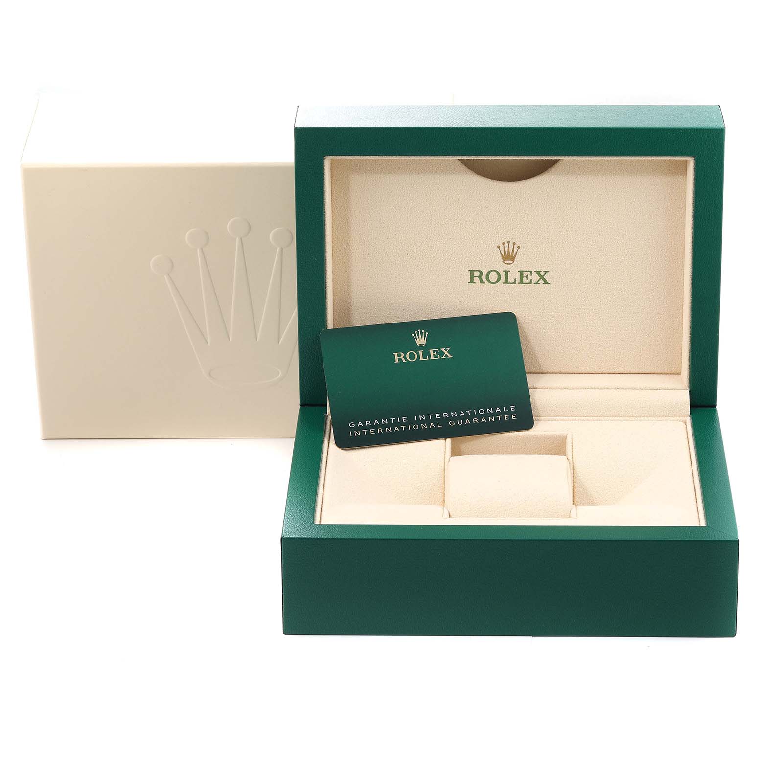 The image shows the Rolex Sky-Dweller 326934 Men
s Stainless Steel Blue Dial 326934 Men
s Stainless Steel Blue Dial watch box and warranty card from a front angle.