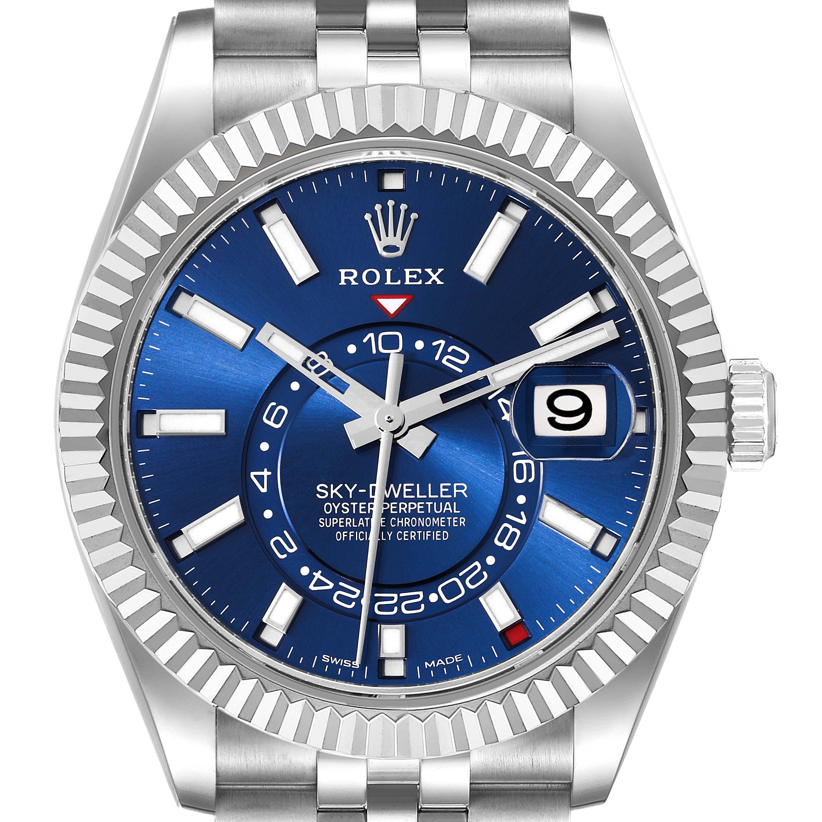 The image shows a front view of the Rolex Sky-Dweller 326934 Men
s Stainless Steel Blue Dial 326934 Men
s Stainless Steel Blue Dial watch, highlighting its blue dial, bezel, and date display.