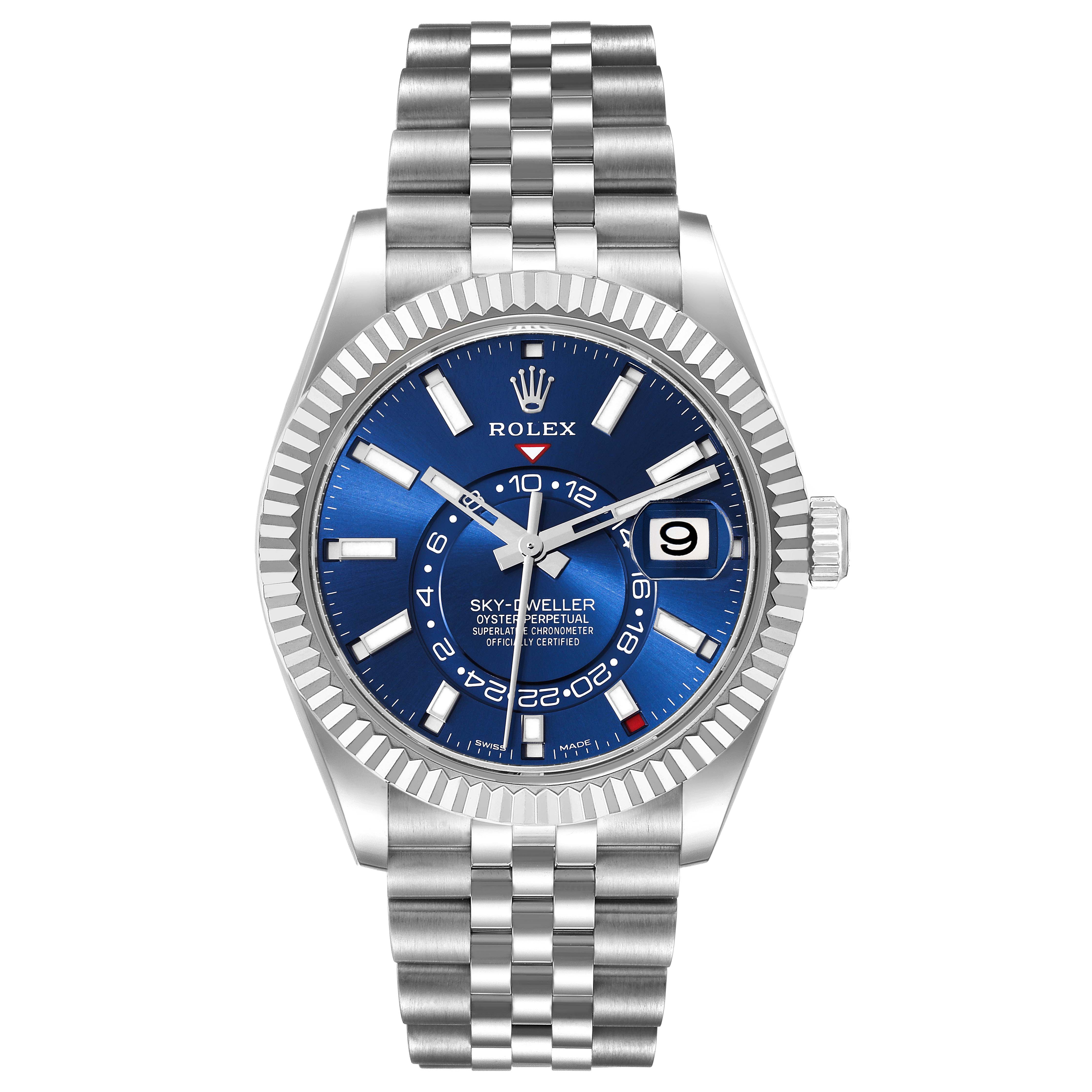 The image shows the front view of a Rolex Sky-Dweller 326934 Men
s Stainless Steel Blue Dial 326934 Men
s Stainless Steel Blue Dial watch with a blue dial and a Jubilee bracelet.