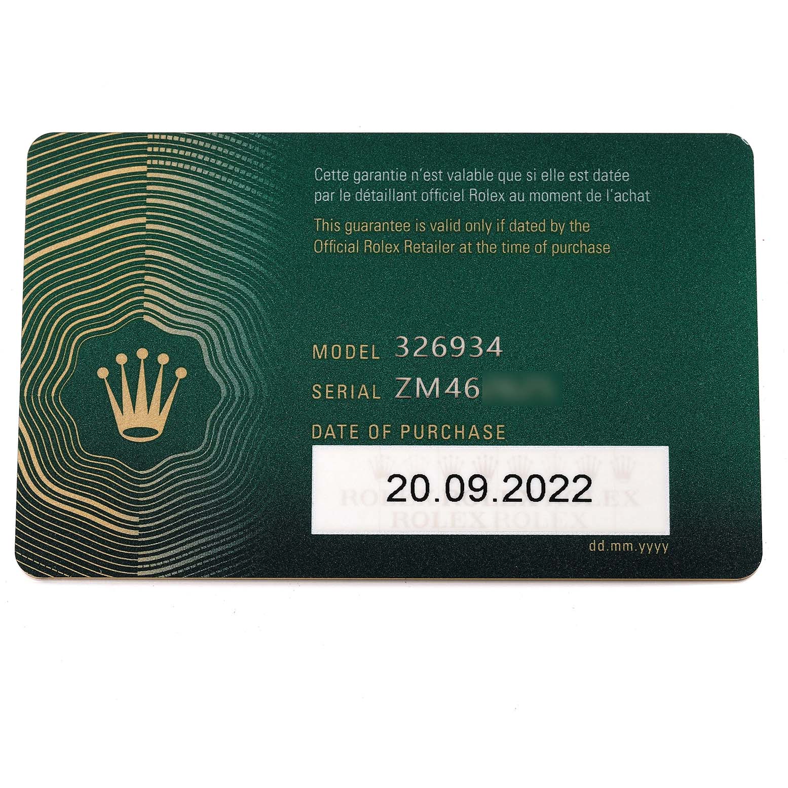 This is the warranty card for a Rolex Sky-Dweller 326934 Men
s Stainless Steel Blue Dial 326934 Men
s Stainless Steel Blue Dial model 326934, showing the serial number and date of purchase.