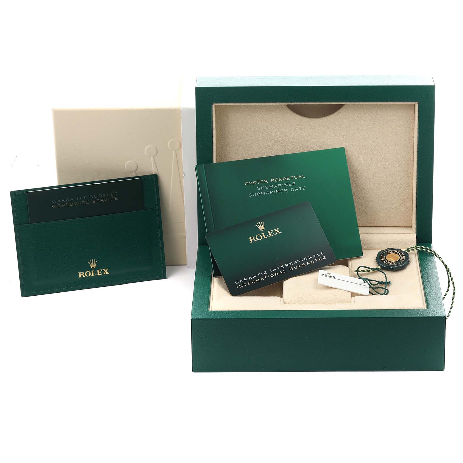 The image shows a Rolex Submariner 126610LN Men's Stainless Steel Black Dial box set with warranty cards, a booklet, tags, and an authentication medallion.