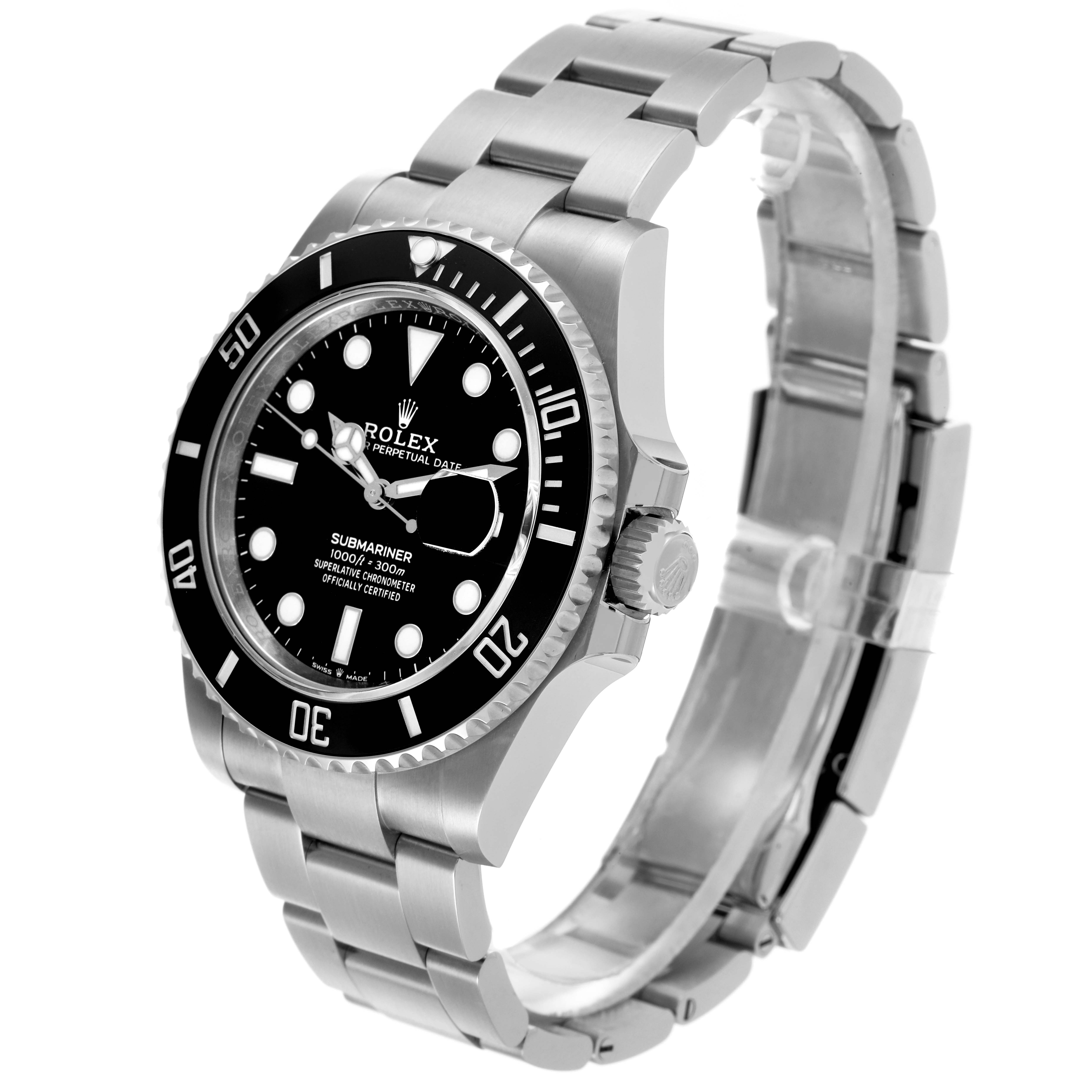 The Rolex Submariner 126610LN Men's Stainless Steel Black Dial watch is shown at a three-quarter angle, displaying the dial, bezel, crown, and bracelet.