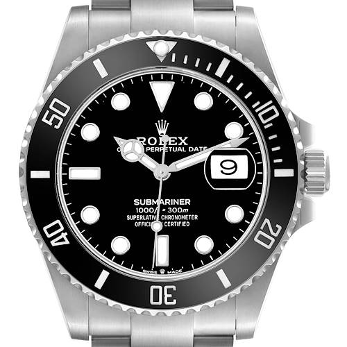 The image shows a front-facing view of the Rolex Submariner 126610LN Mens Stainless Steel Black Dial watch, highlighting its bezel, dial, and bracelet top.