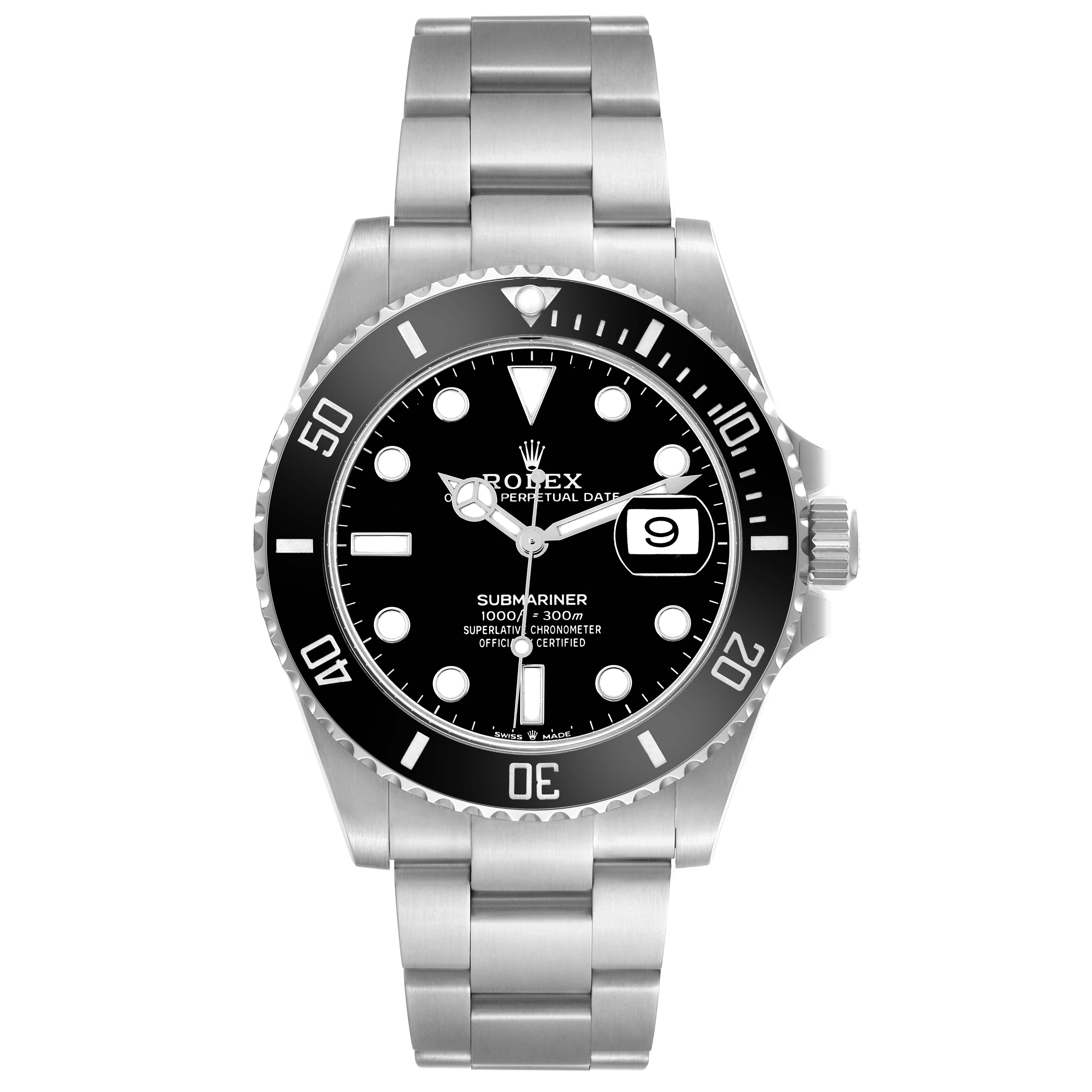 The Rolex Submariner 126610LN Men's Stainless Steel Black Dial watch is shown from a front angle, displaying its dial, bezel, crown, and metal bracelet.