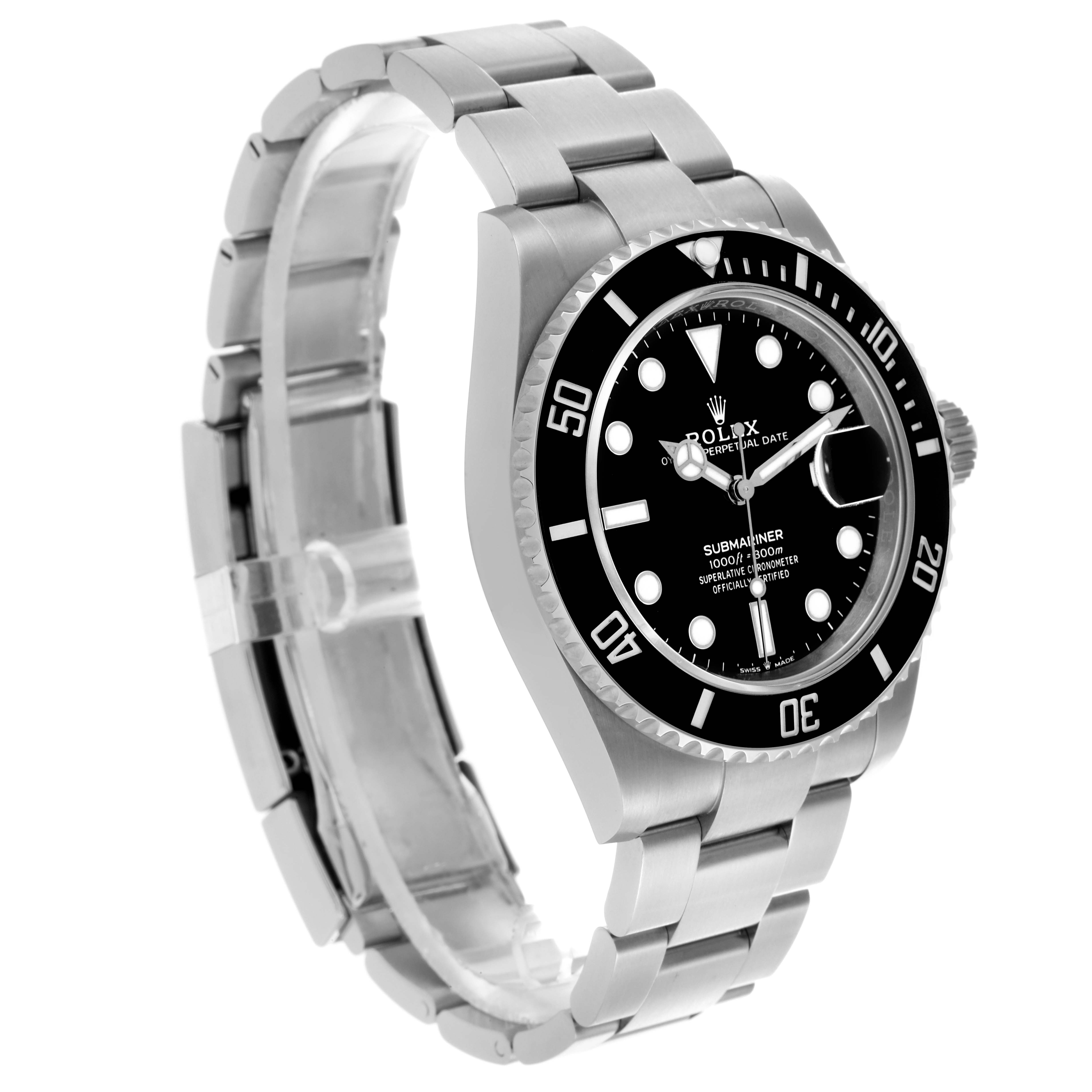 The Rolex Submariner 126610LN Men's Stainless Steel Black Dial is shown at an angled front view, displaying the black dial, bezel, and stainless steel bracelet.