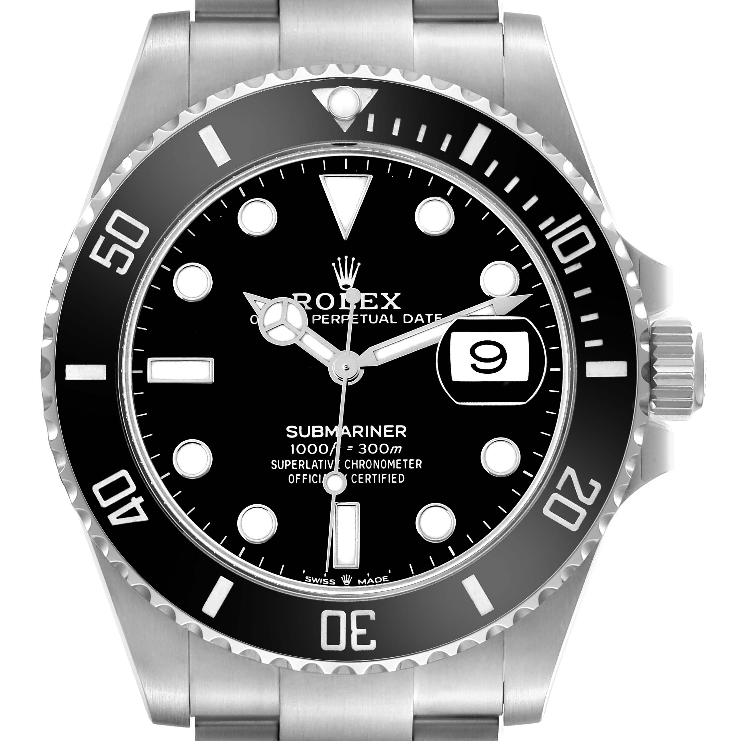 The image shows a front view of the Rolex Submariner 126610LN Men's Stainless Steel Black Dial watch face, bezel, and part of the bracelet.