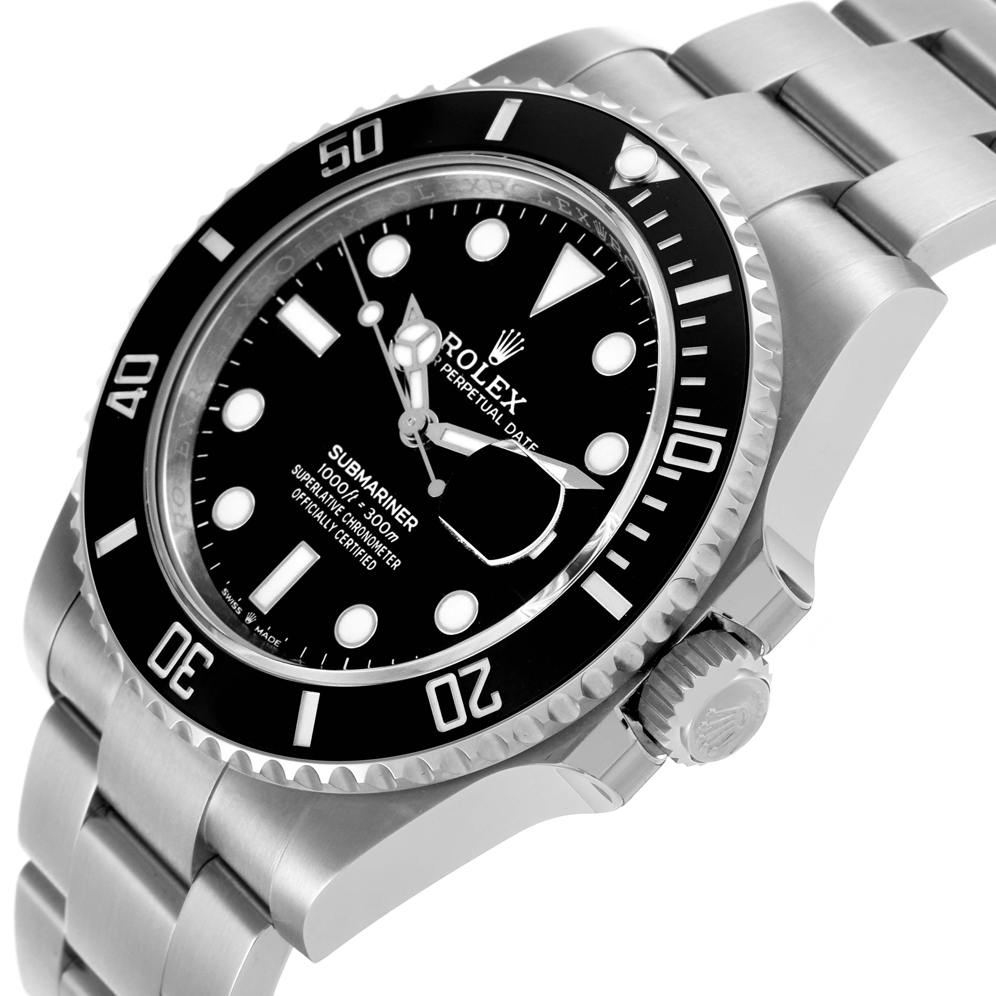 The Rolex Submariner 126610LN Men's Stainless Steel Black Dial watch is shown at a three-quarter angle, highlighting the black bezel, dial, and stainless steel bracelet.