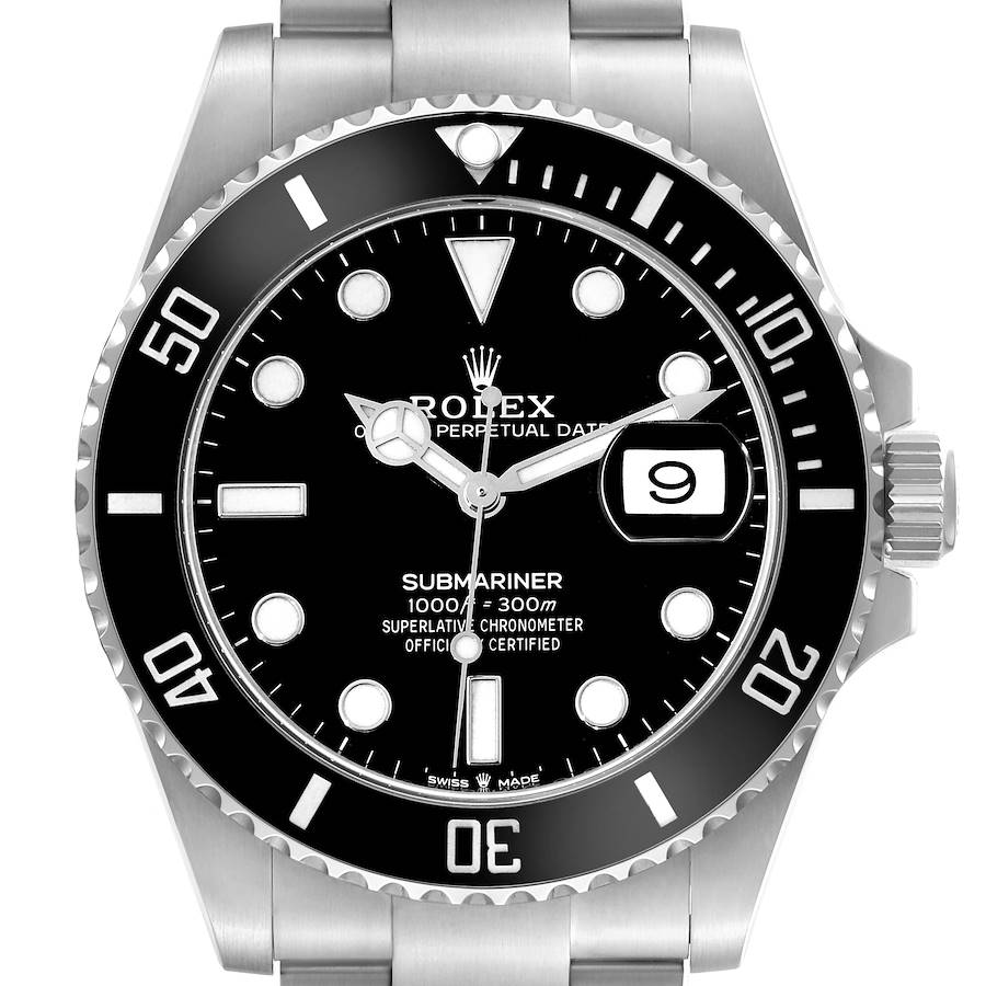 The image shows a front view of the Rolex Submariner, highlighting the dial, date window, bezel, and part of the bracelet.