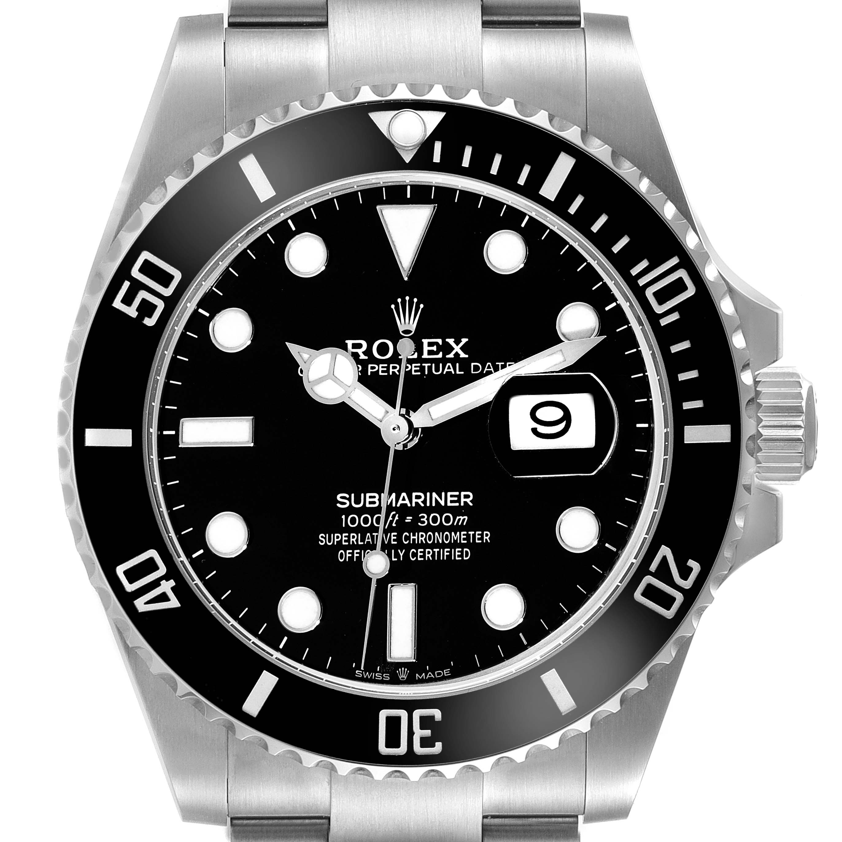 This image shows a frontal view of a Rolex Submariner 126610 Men
s Stainless Steel Black Dial 126610 Men
s Stainless Steel Black Dial, displaying the dial, bezel, and part of the bracelet.