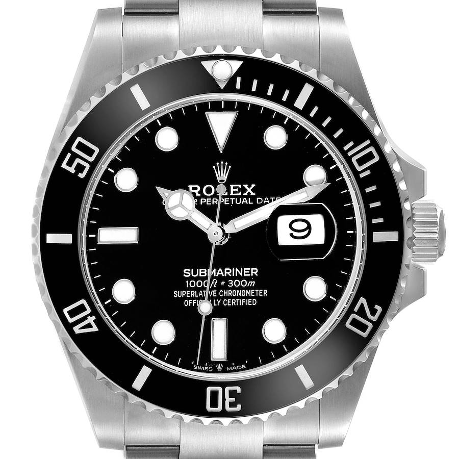 This image shows a frontal view of a Rolex Submariner, displaying the dial, bezel, and part of the bracelet.