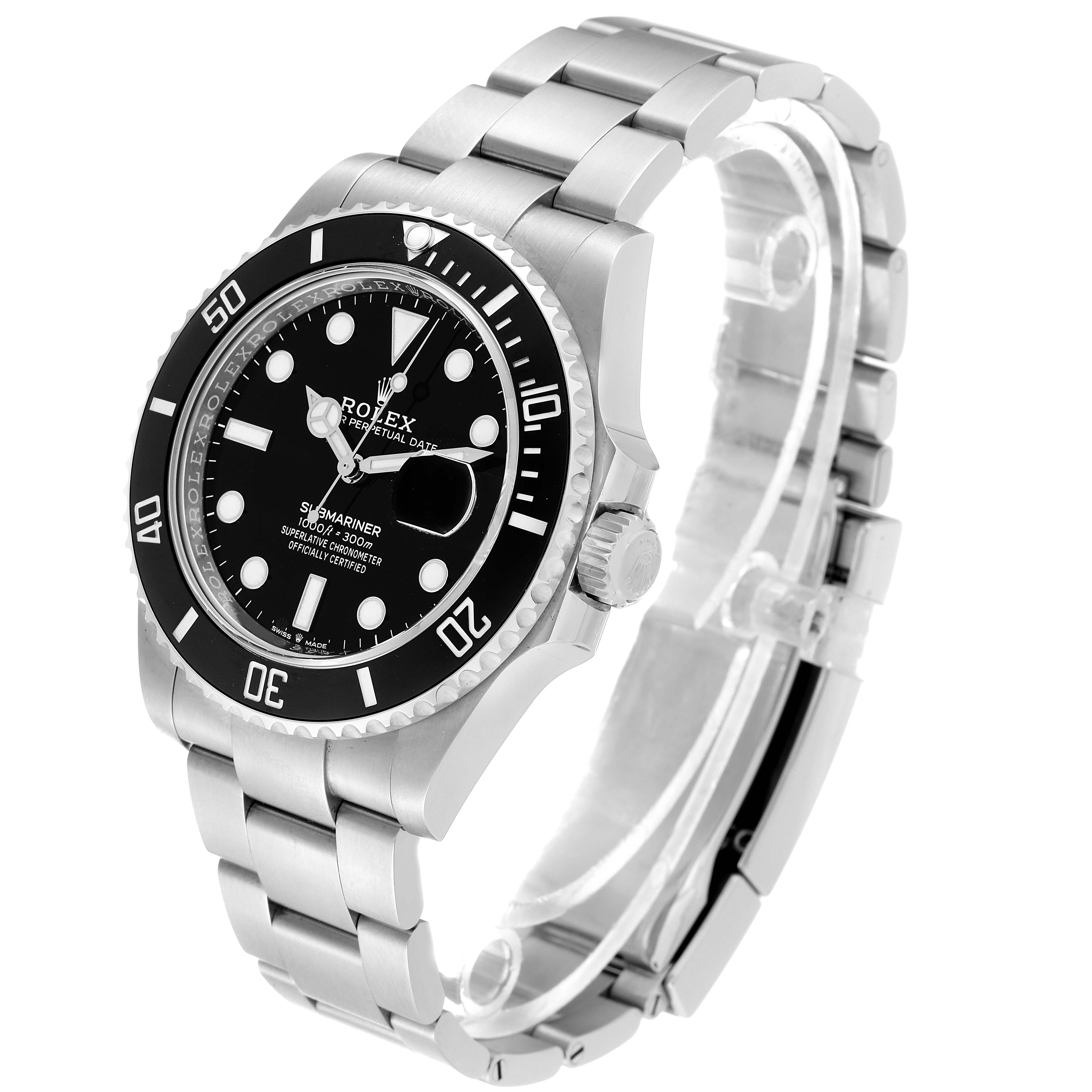 The image shows a Rolex Submariner 126610 Men
s Stainless Steel Black Dial 126610 Men
s Stainless Steel Black Dial watch from a three-quarter angle, displaying the face, bezel, case, and bracelet.