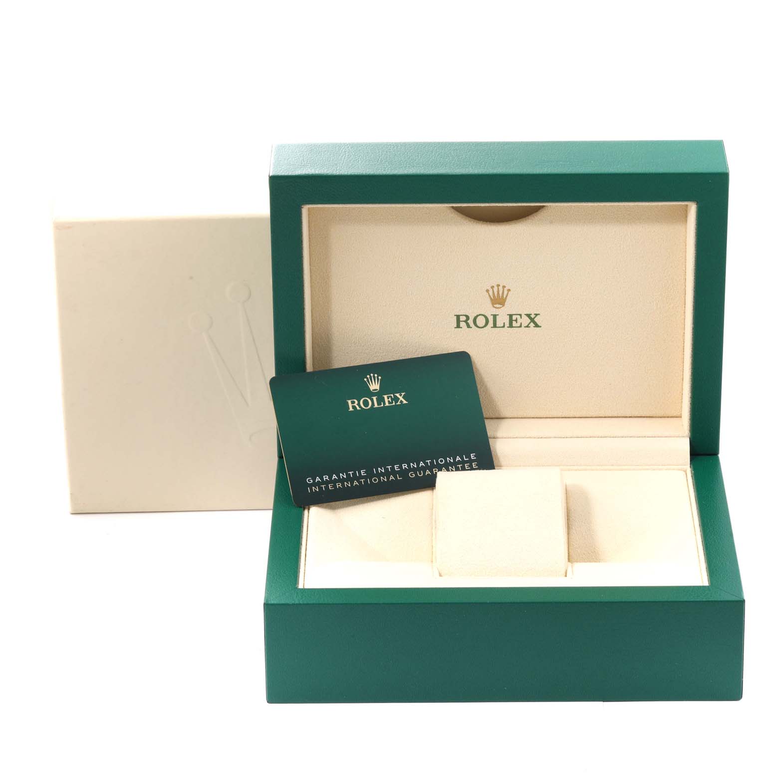 The image shows the open packaging box and guarantee card for a Rolex Submariner 126610 Men
s Stainless Steel Black Dial 126610 Men
s Stainless Steel Black Dial watch.